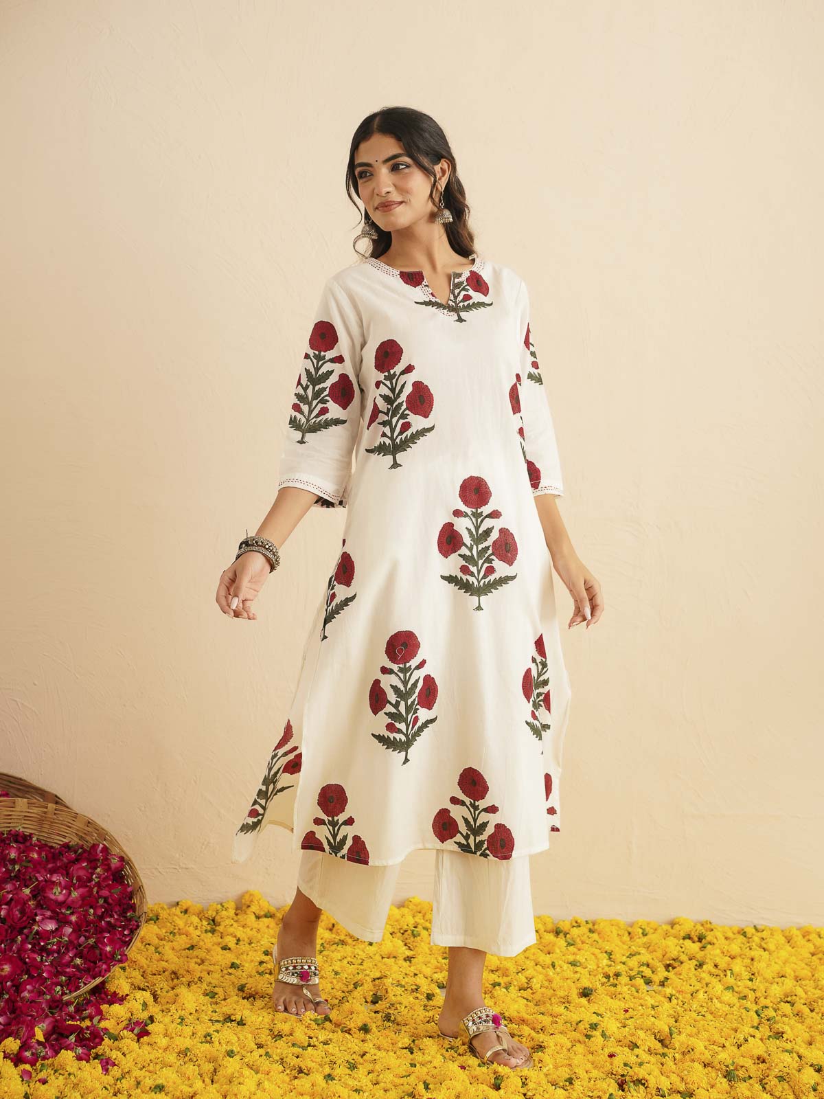 Cotton Printed Kantha Style Set For Women White