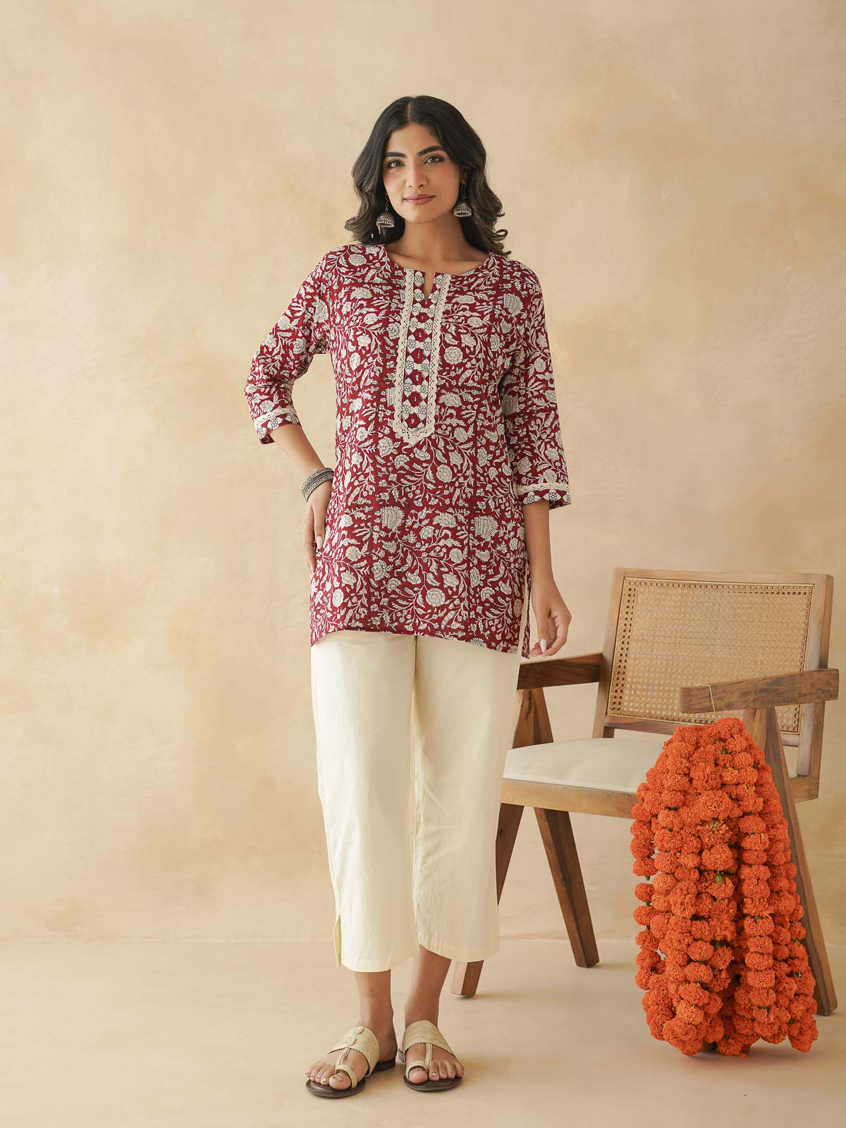 Block-Printed Cotton Zoya Kurti Red Jaal