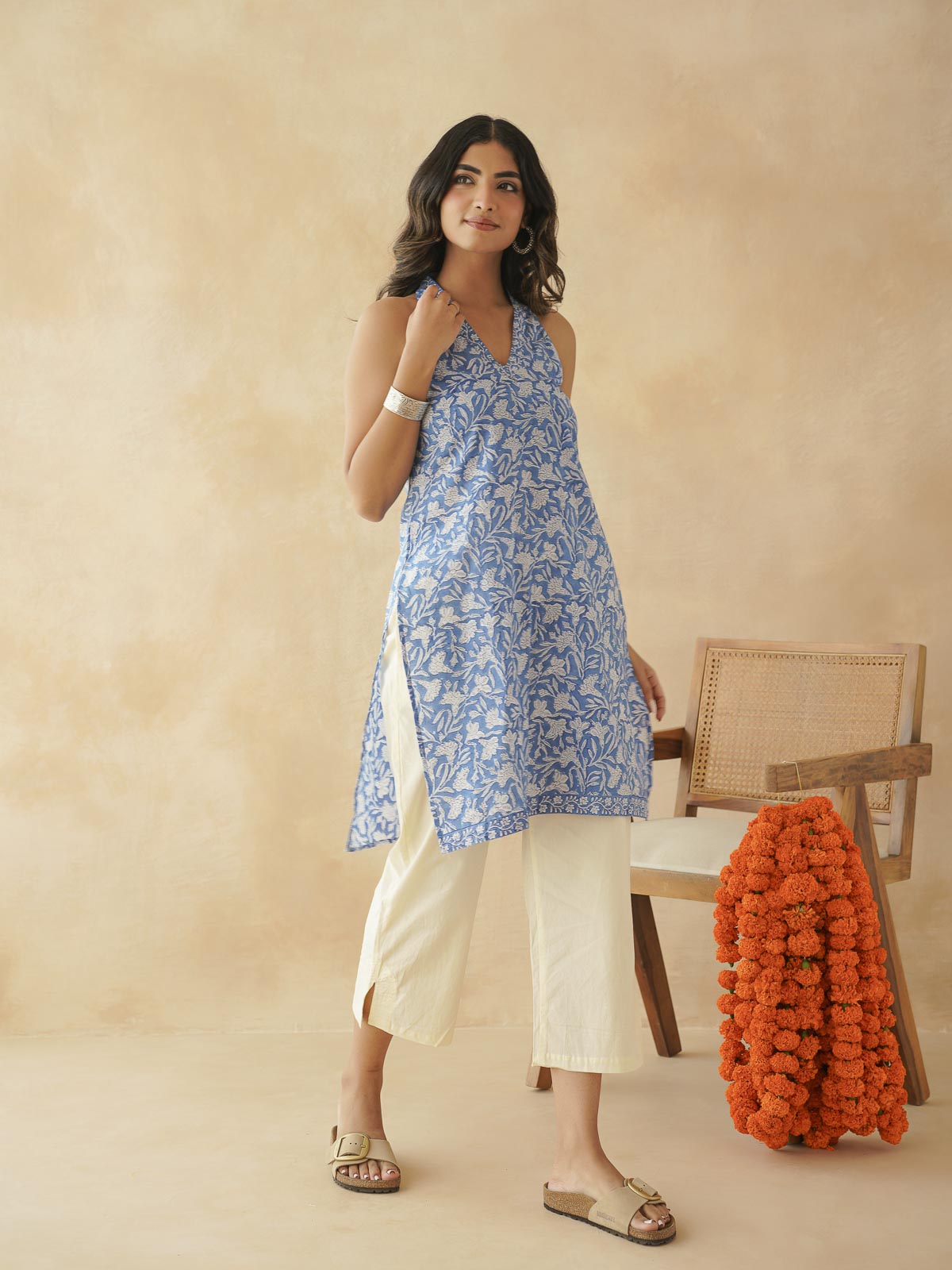 Sleeveless Cotton Halter Neck Kurti Blue