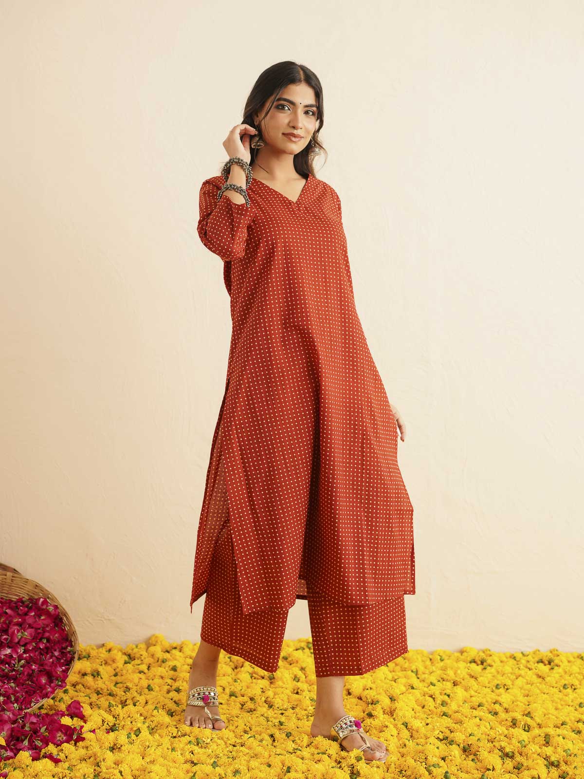 Cotton Printed V-Neck Style Set For Women Red