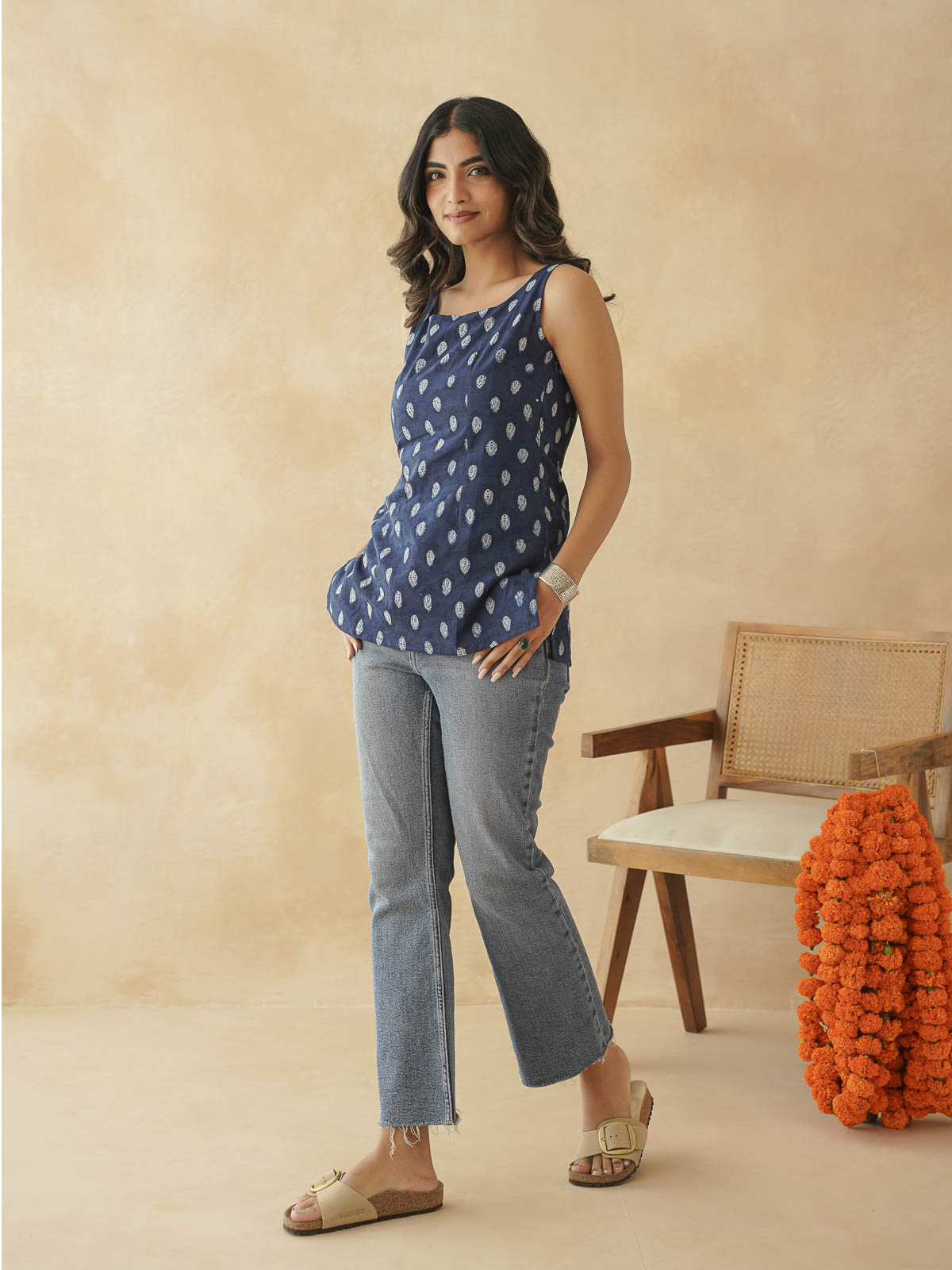 Cotton Printed Stylish Backless Tie-up Kurti Indigo