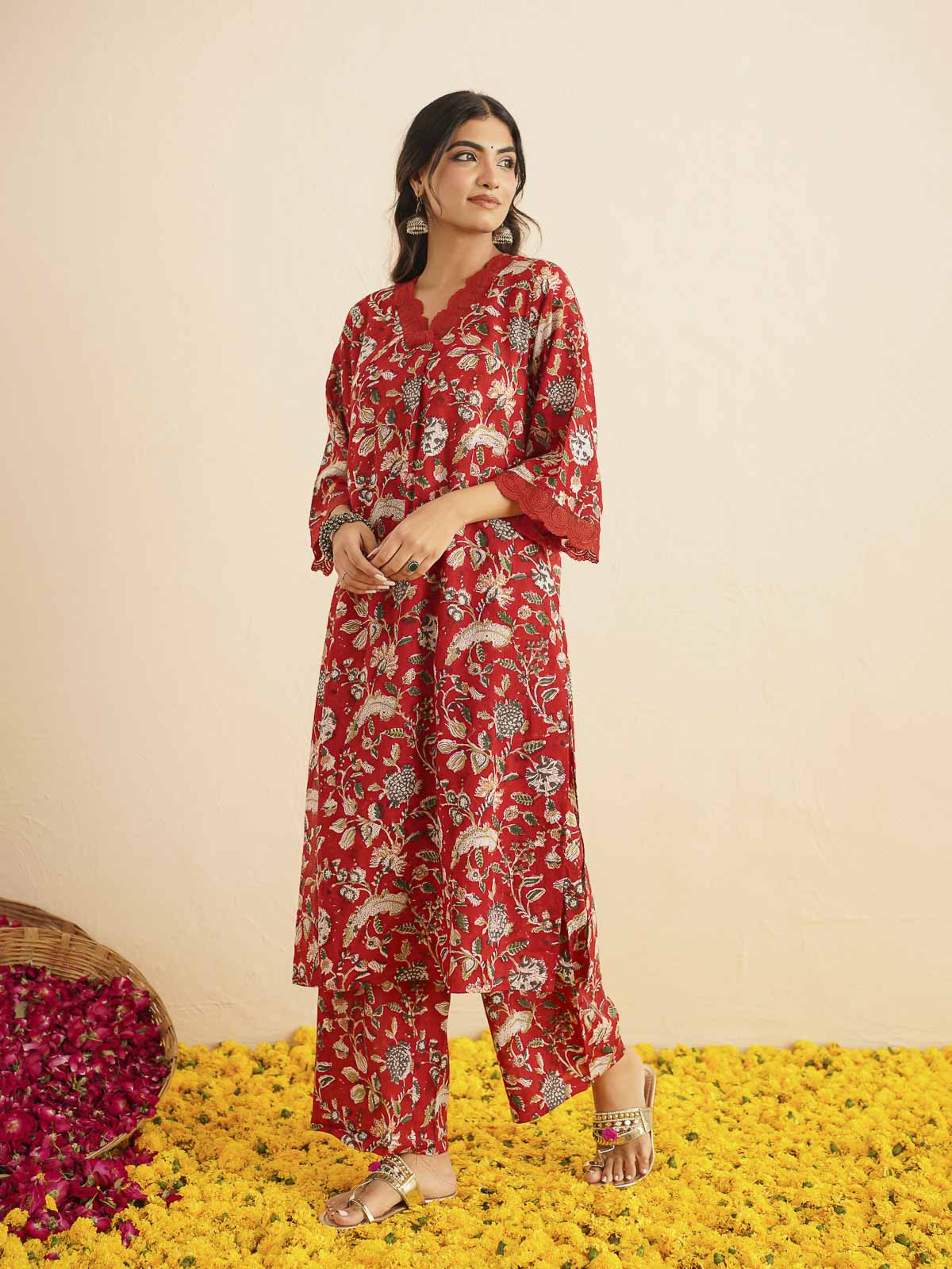 Block Printed Cotton Kurta Pant Bagiya Set Red Jaal