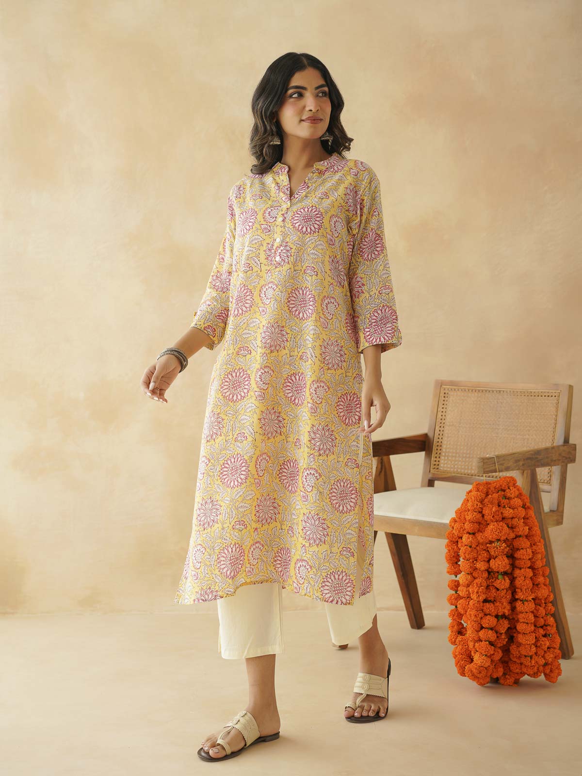 Cotton Printed Collar Neck Long Kurti For Women Yellow
