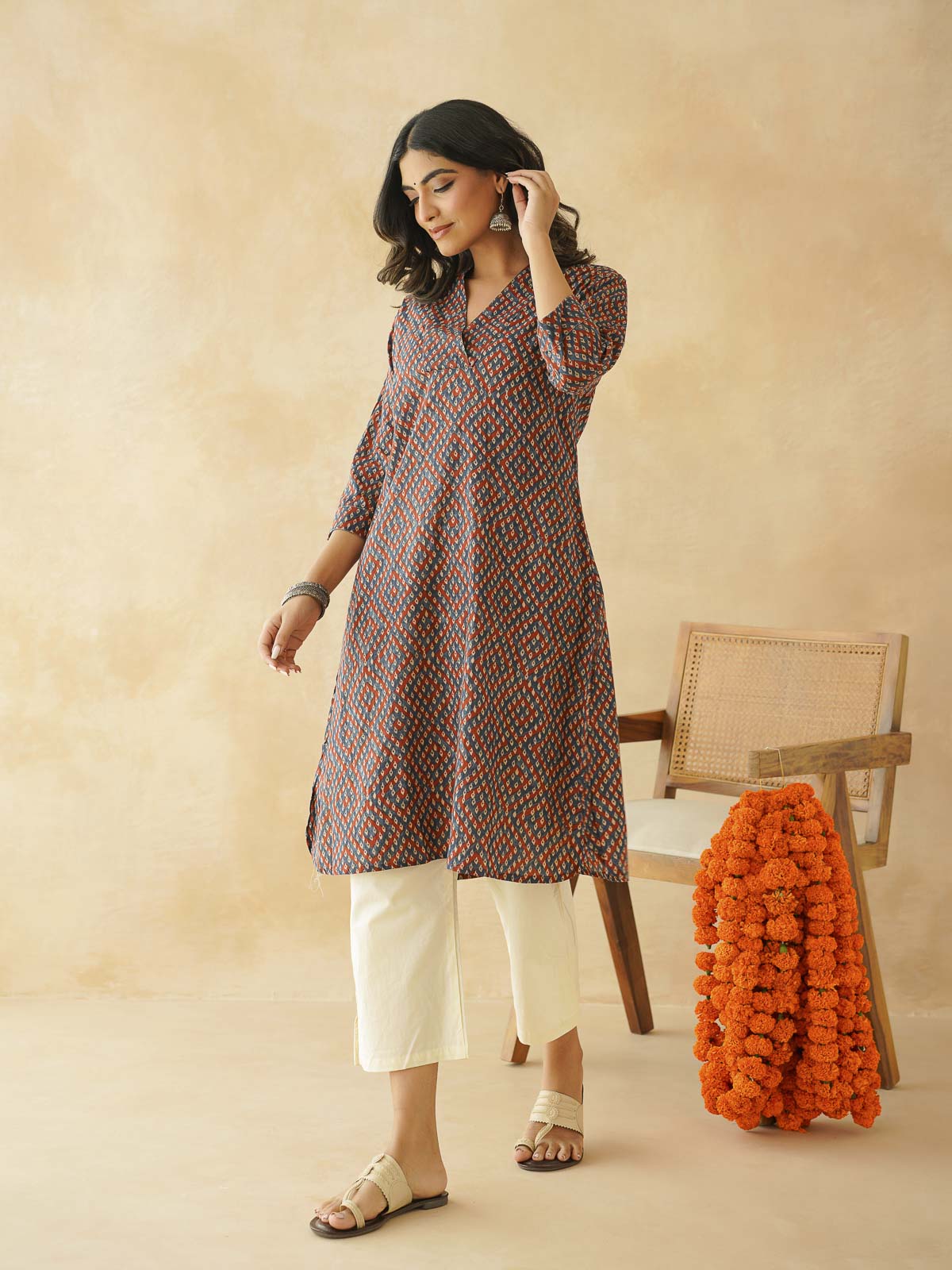 Cotton Printed Straight Kurta Blue Orange