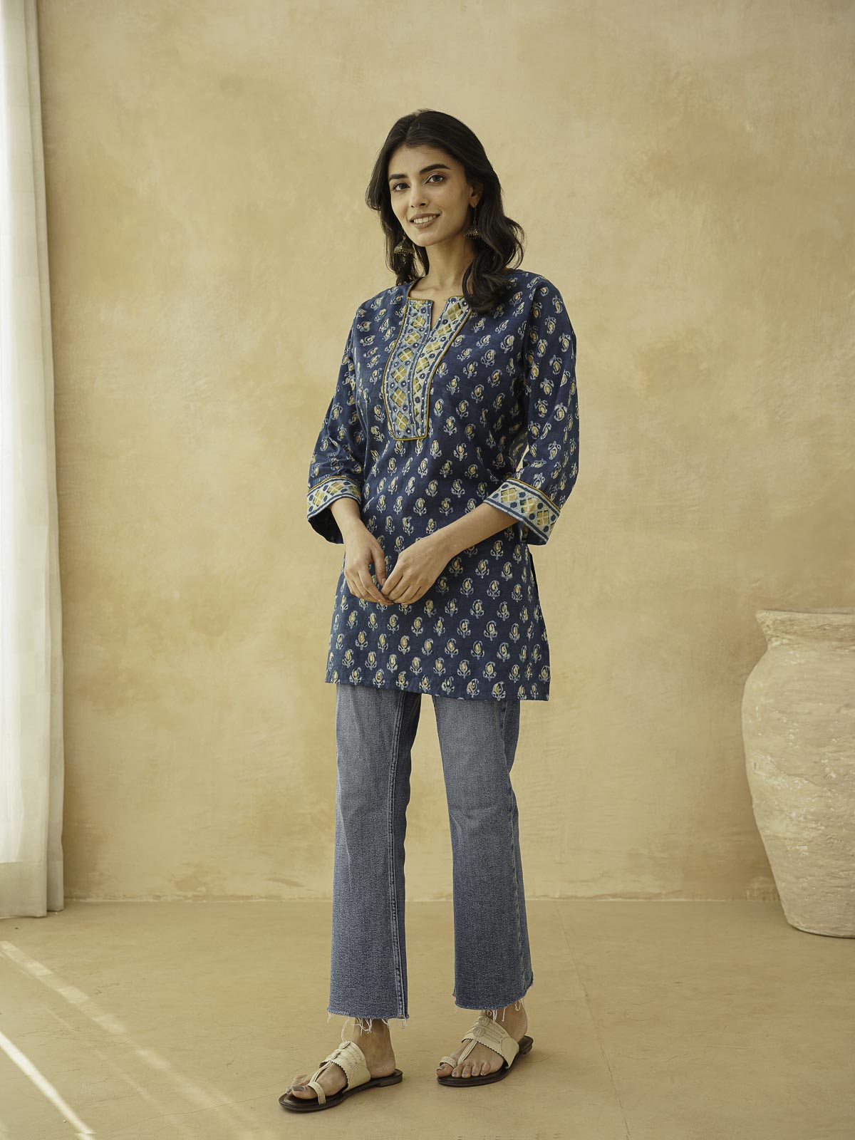 Cotton Printed Sequin Short Kurti For Women Indigo