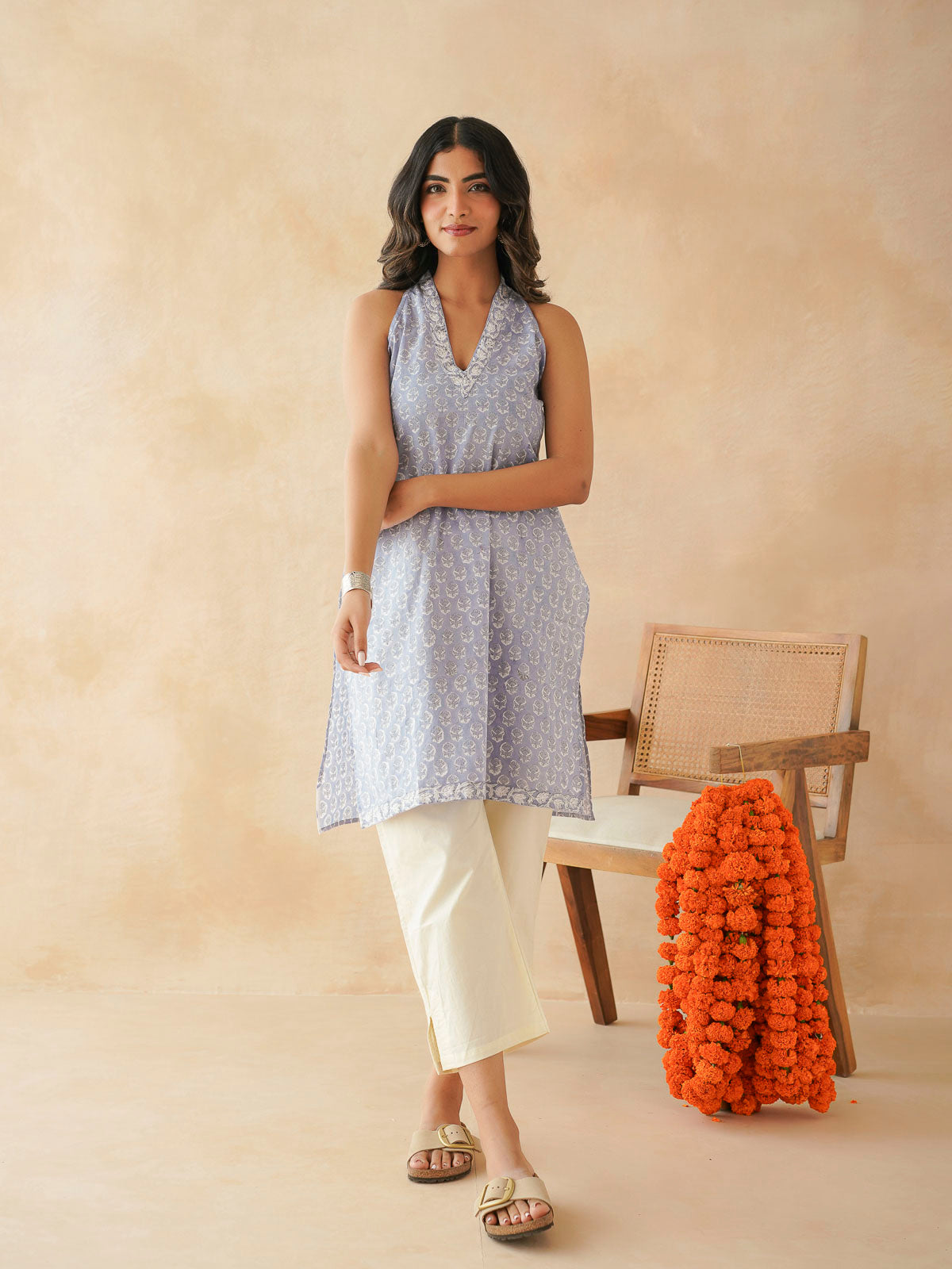 Sleeveless Cotton Halter Neck Kurti Lavander Booty