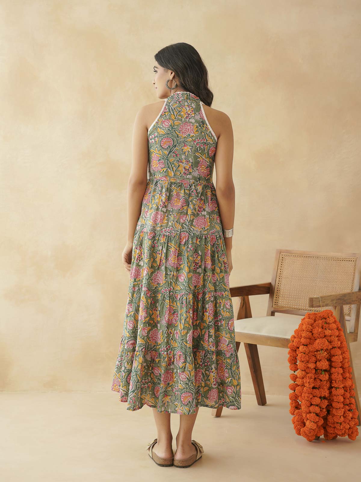 Tiered Halter Neck Dress Green Jaal
