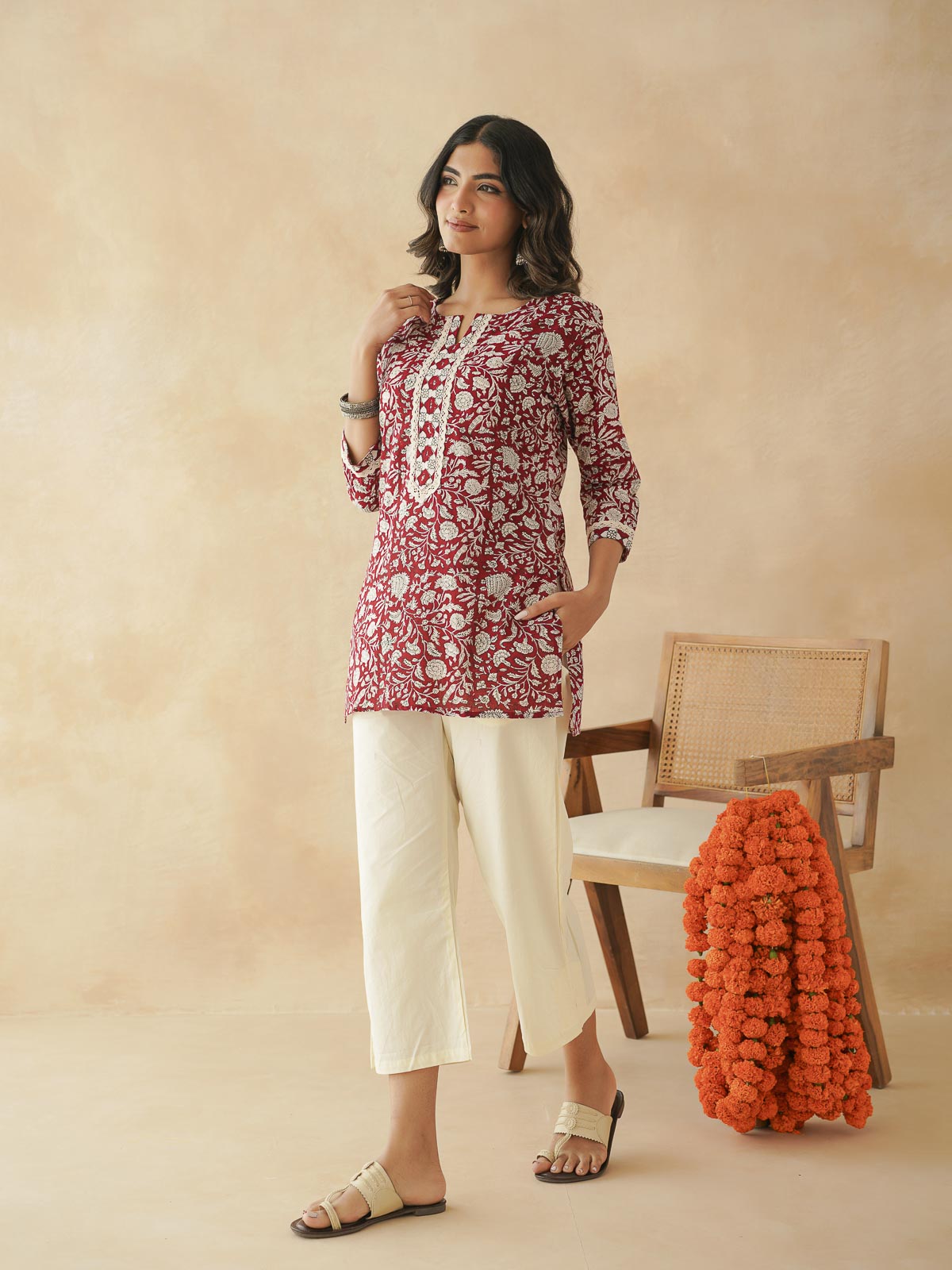 Block-Printed Cotton Zoya Kurti Red Jaal