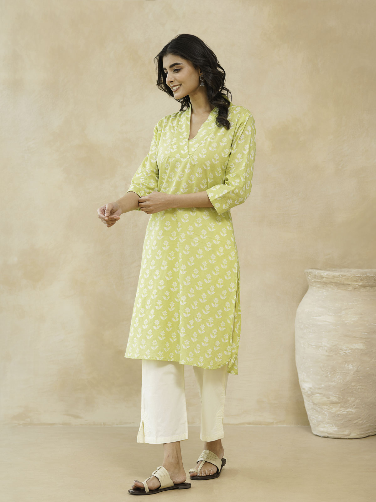 Cotton Printed Straight Kurta Yellow