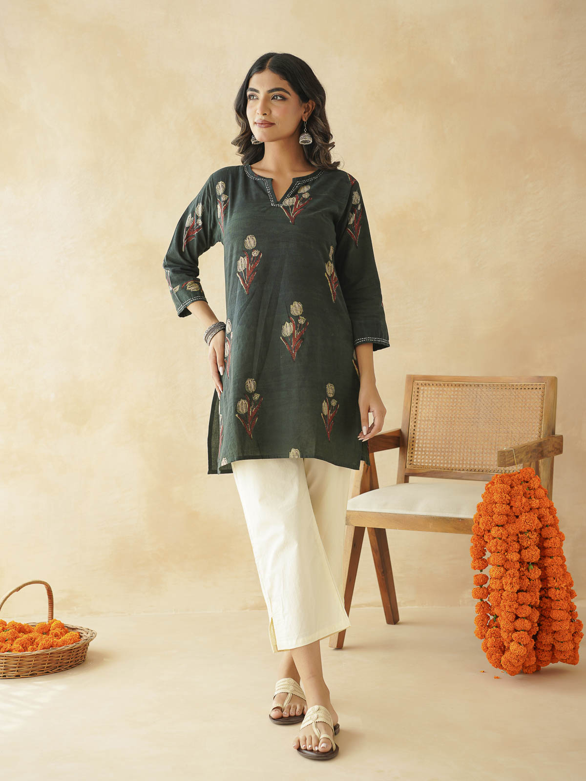 Cotton Printed Kantha Kurta Green