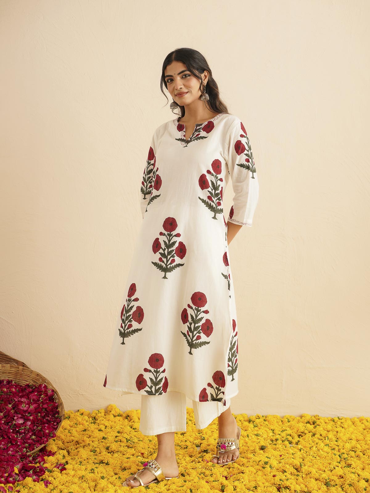 Cotton Printed Kantha Style Set For Women White