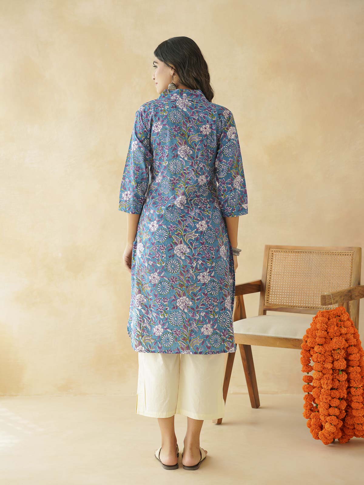 Cotton Printed Straight Kurta Blue Velvet