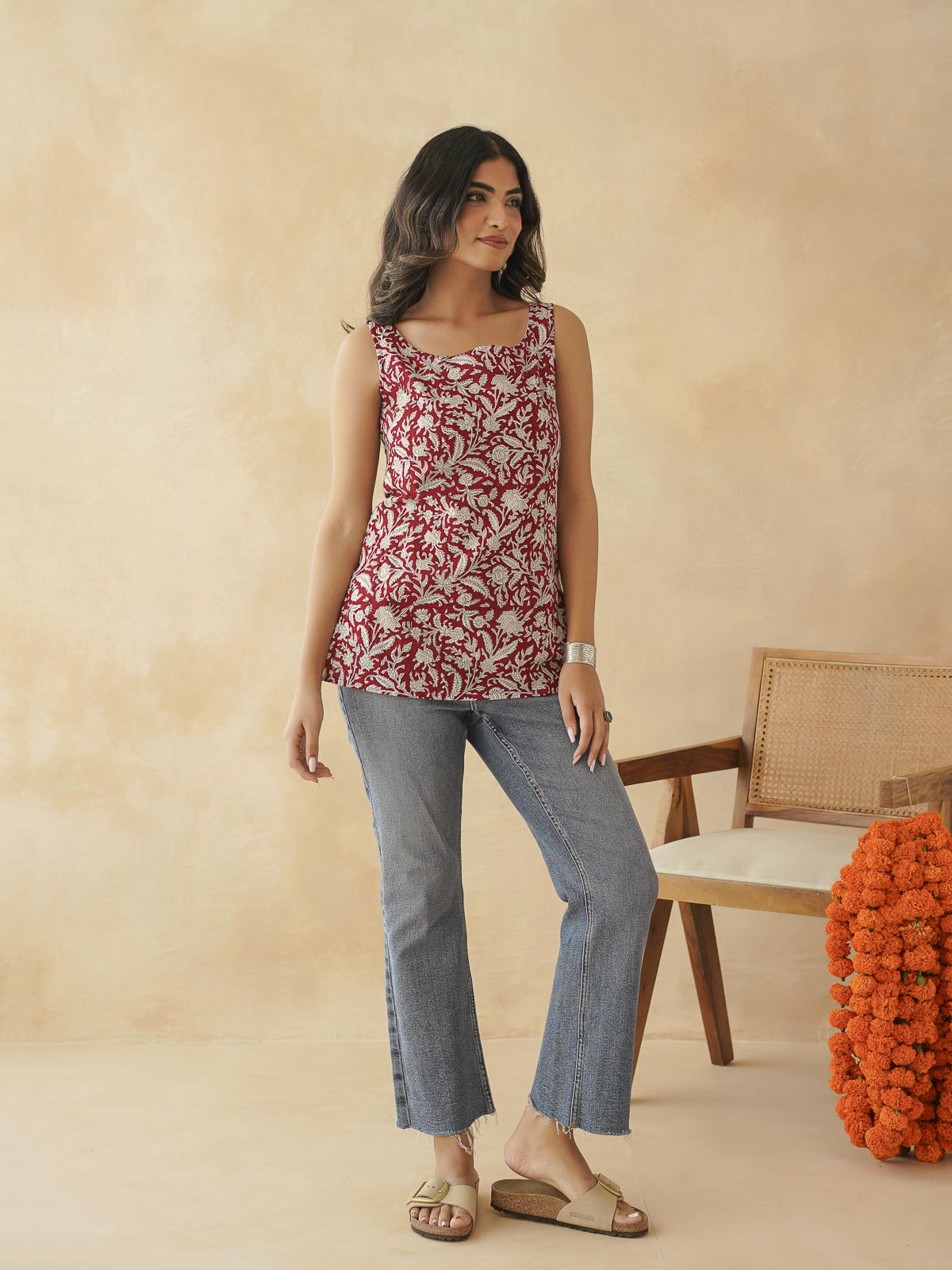 Cotton Printed Stylish Backless Tie-Up Kurti Red