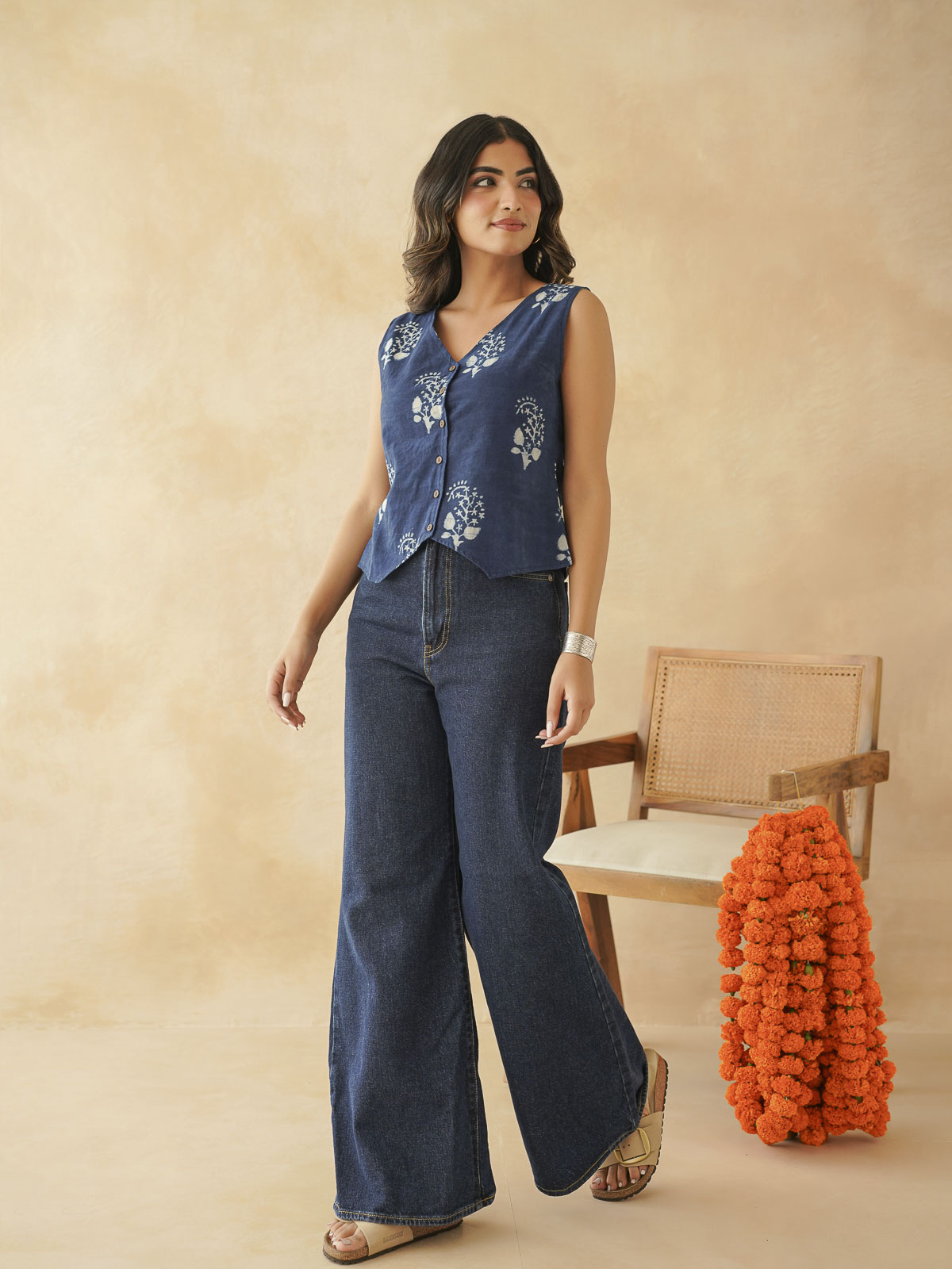 Sleeveless Cotton Block Printed Kothi Top Indigo Boota