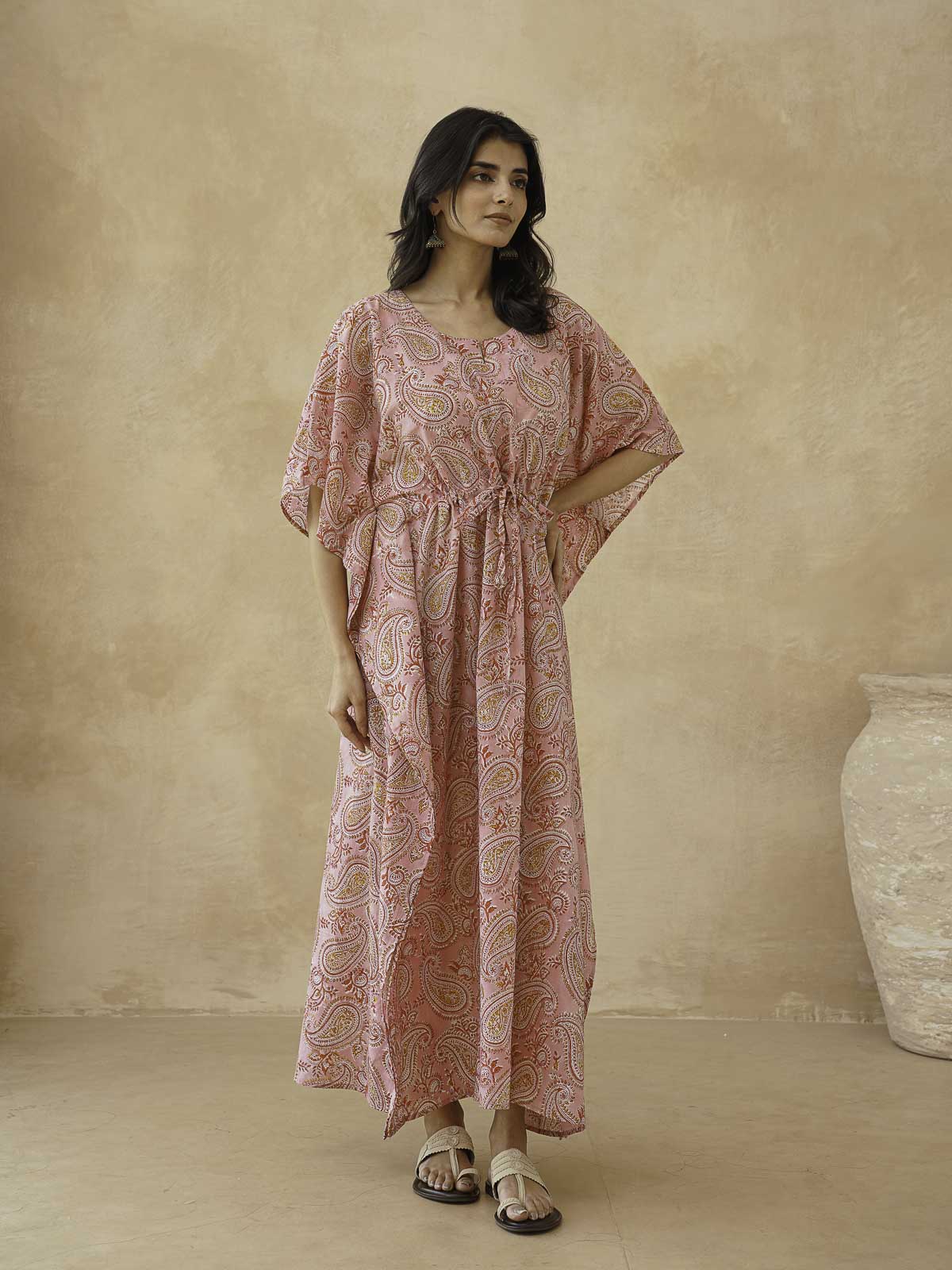 Block-Printed Cotton Long Kaftan Pink Red