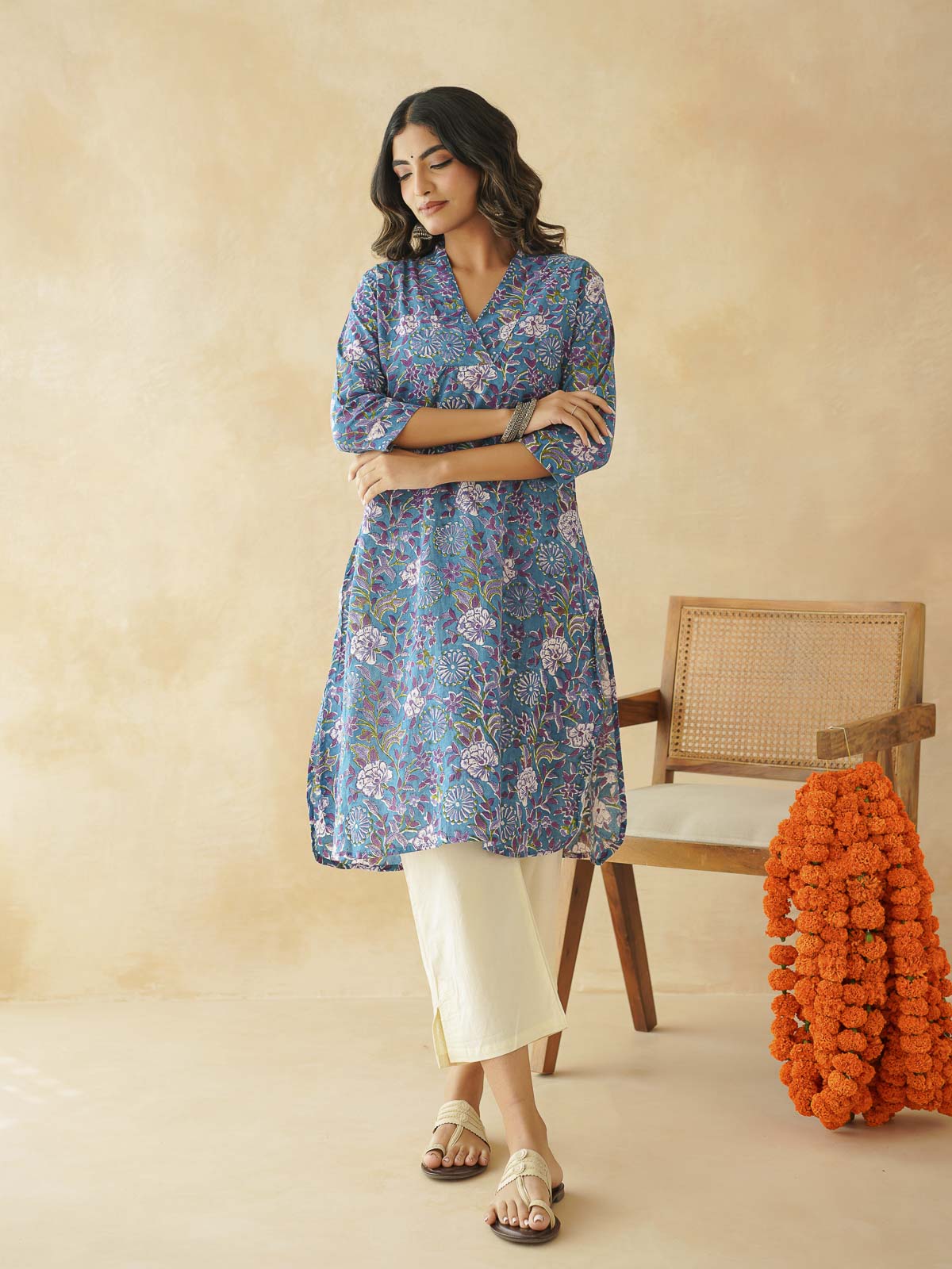 Cotton Printed Straight Kurta Blue Velvet