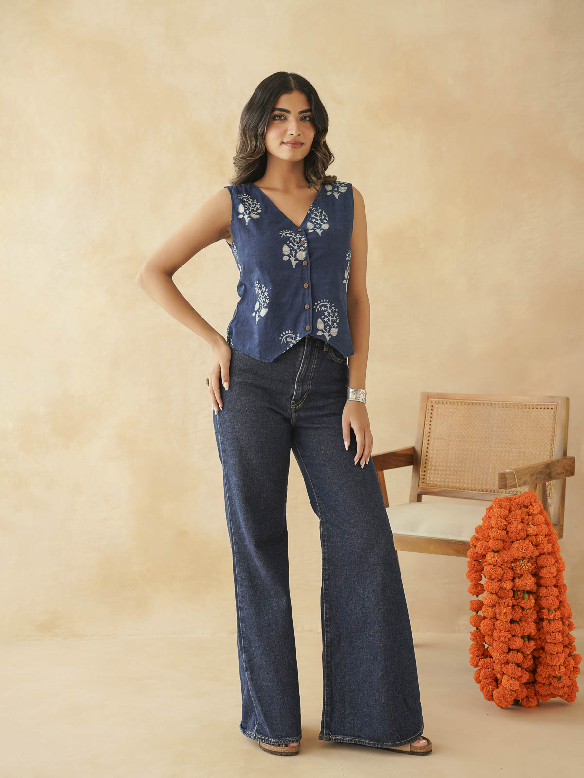 Sleeveless Cotton Block Printed Kothi Top Indigo Boota