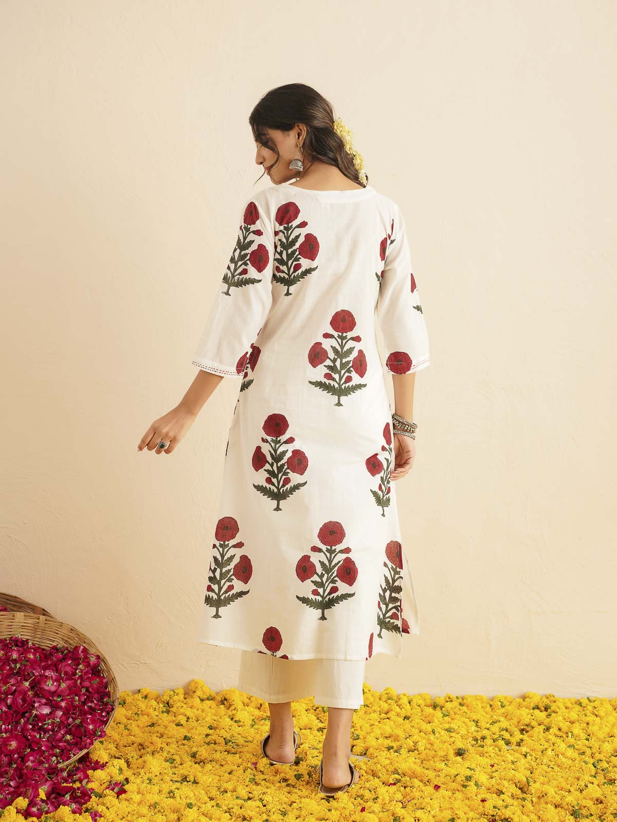 Cotton Printed Kantha Style Set For Women White