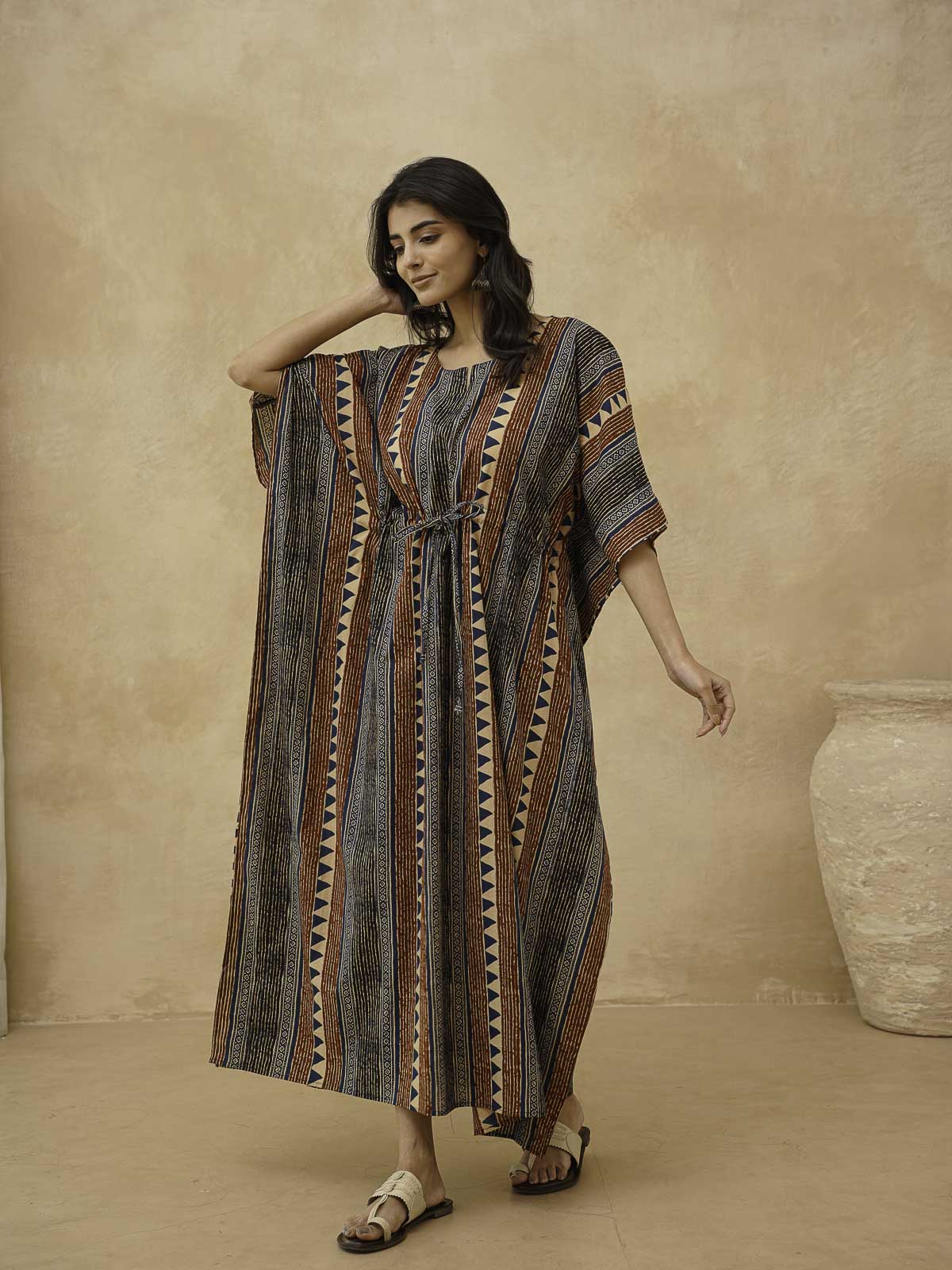 Block-Printed Cotton Long Kaftan Multicolor