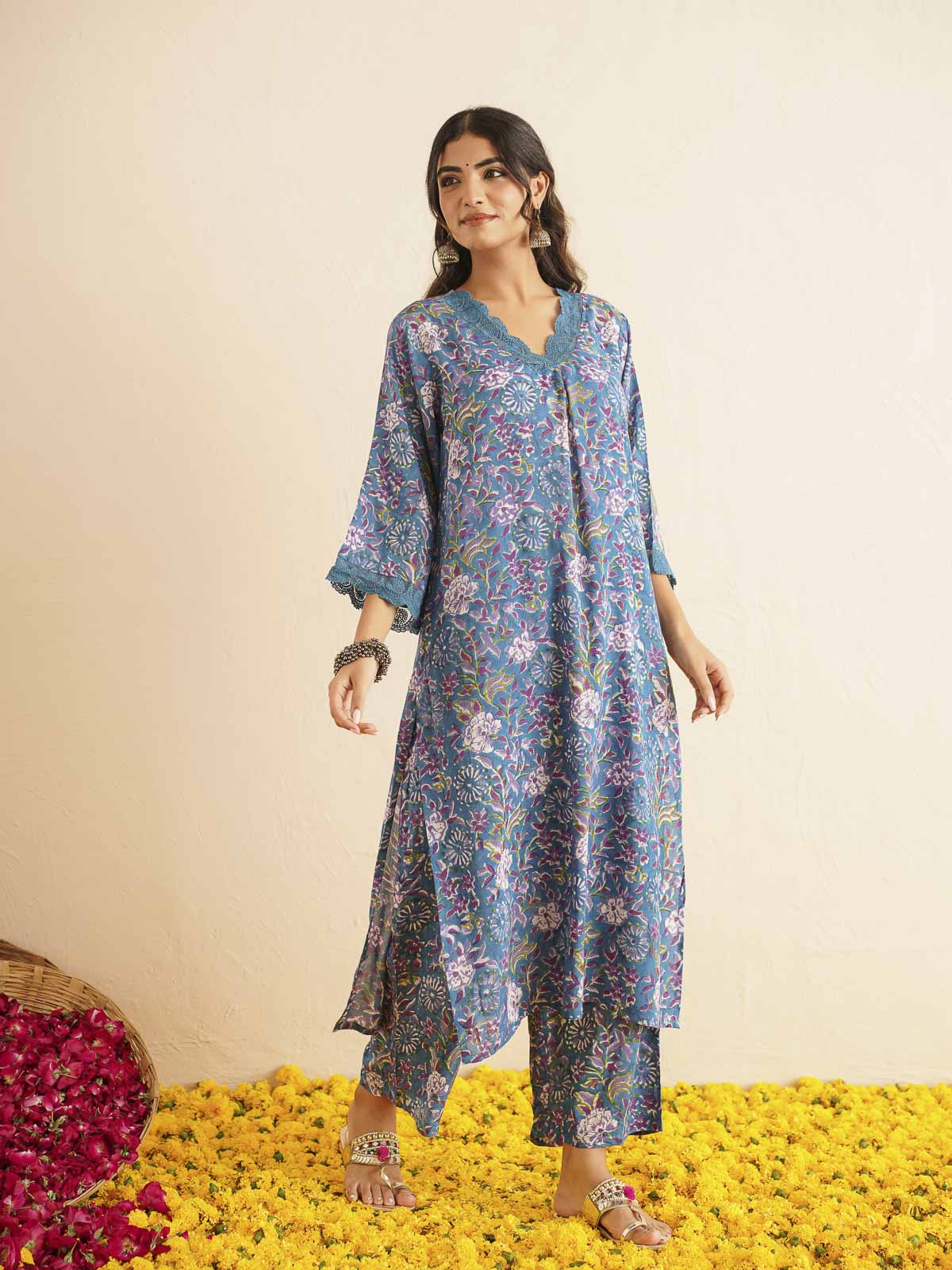 Block Printed Cotton Kurta Pant Bagiya Set Blue Purple
