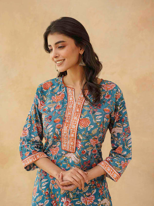 Cotton Printed Sequin Short Kurti For Women Blue Jaal