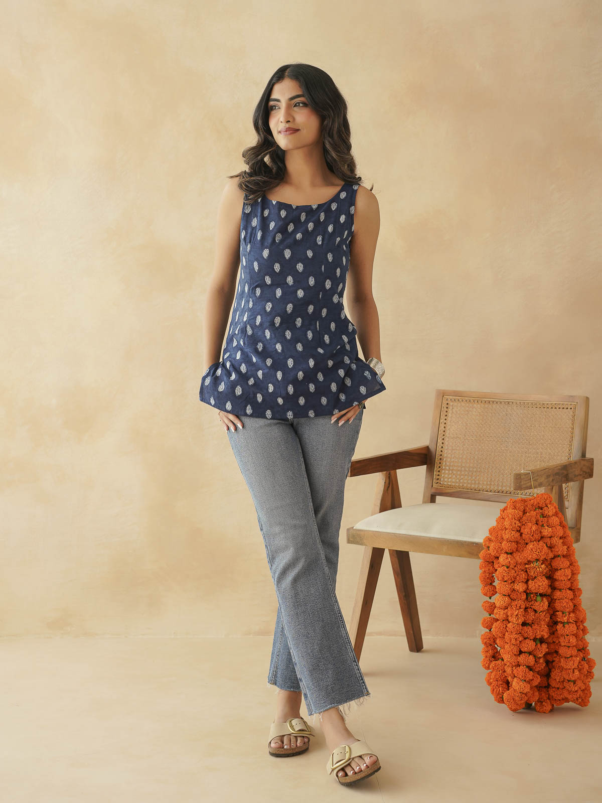 Cotton Printed Stylish Backless Tie-up Kurti Indigo