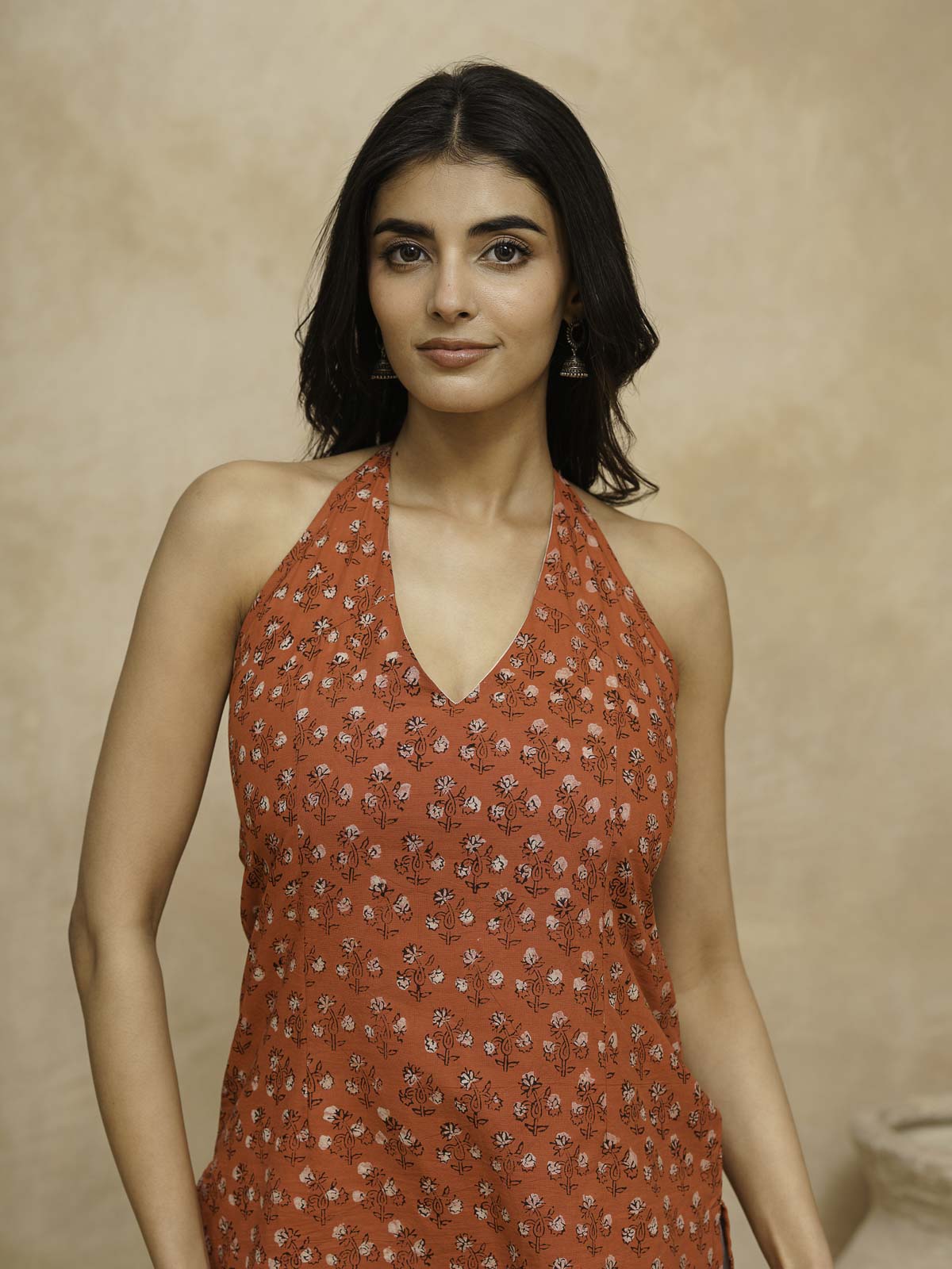 Cotton Printed Stylish Halter Tie-Up Kurti Orange