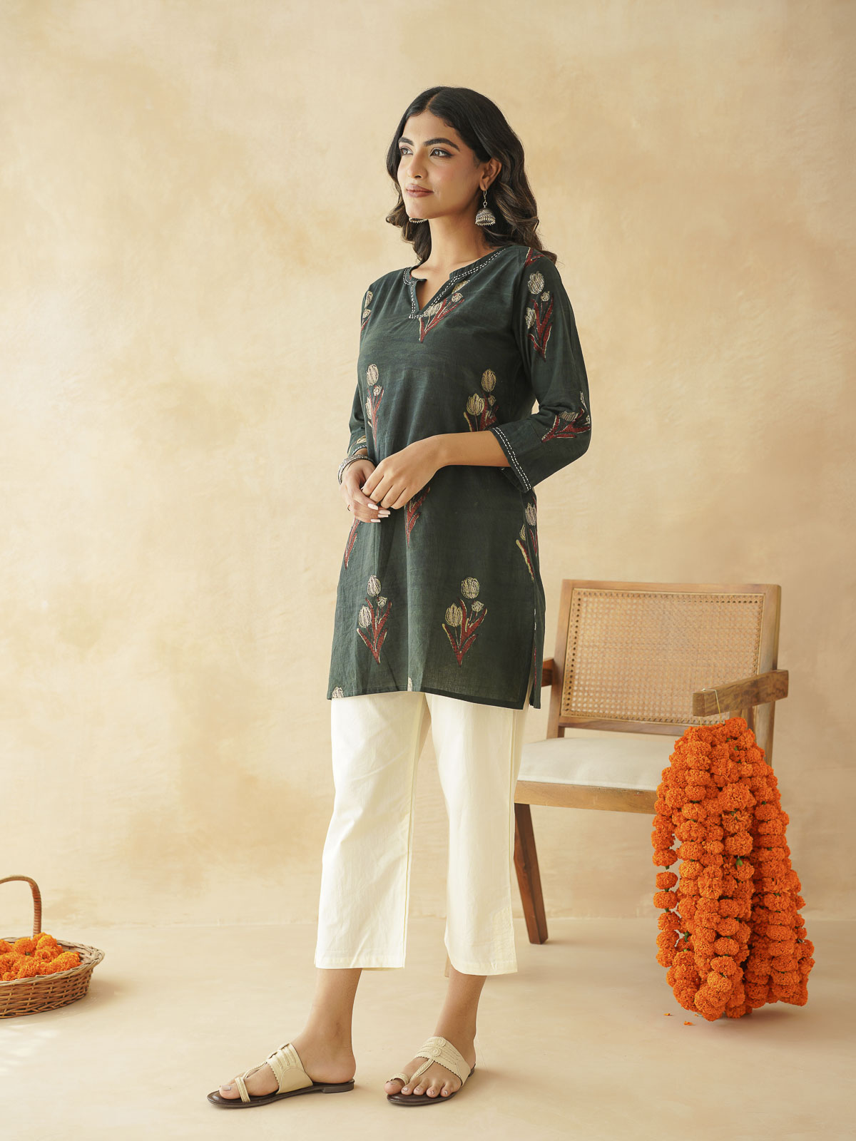 Cotton Printed Kantha Kurta Green