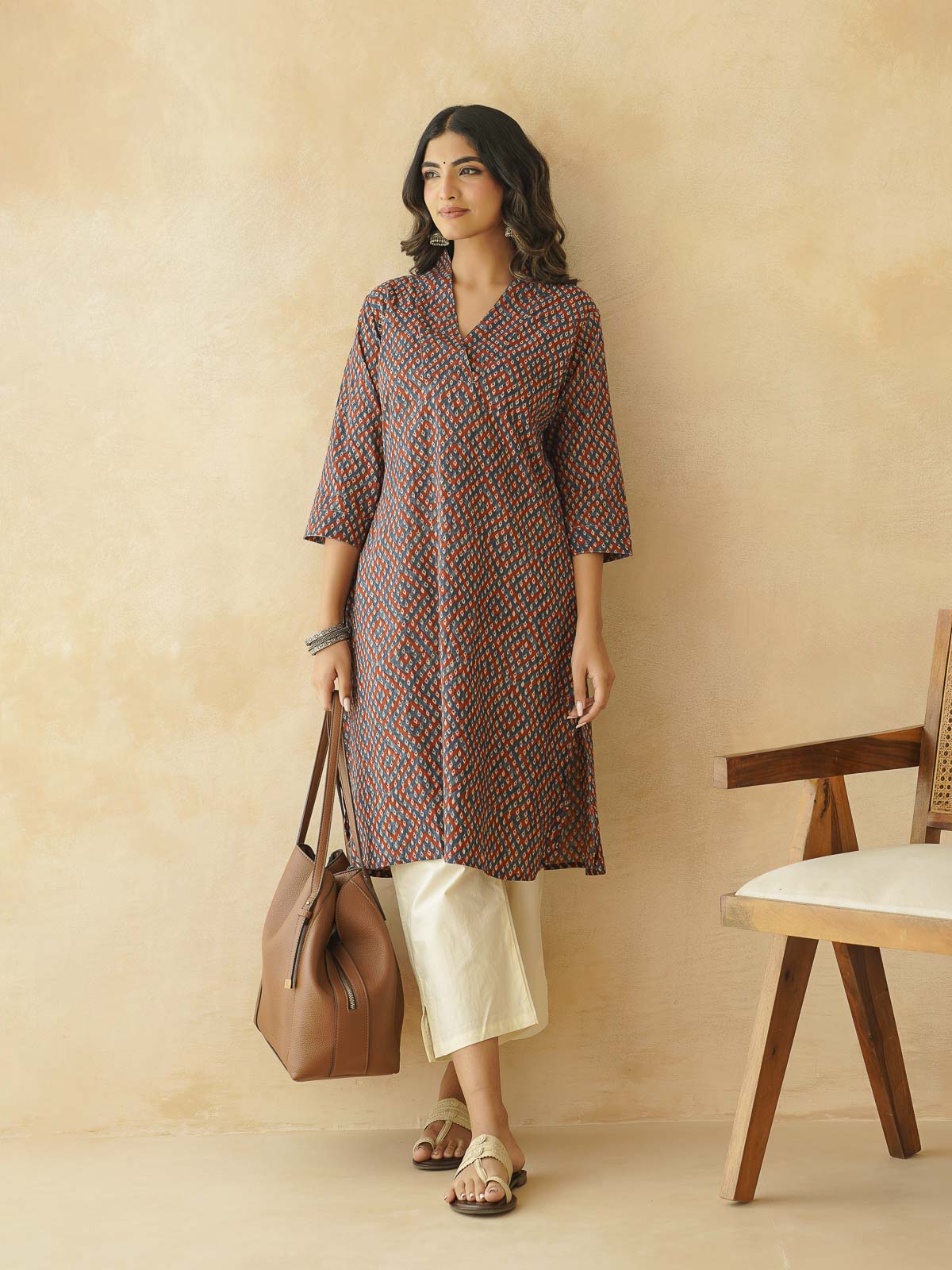 Cotton Printed Straight Kurta Blue Orange
