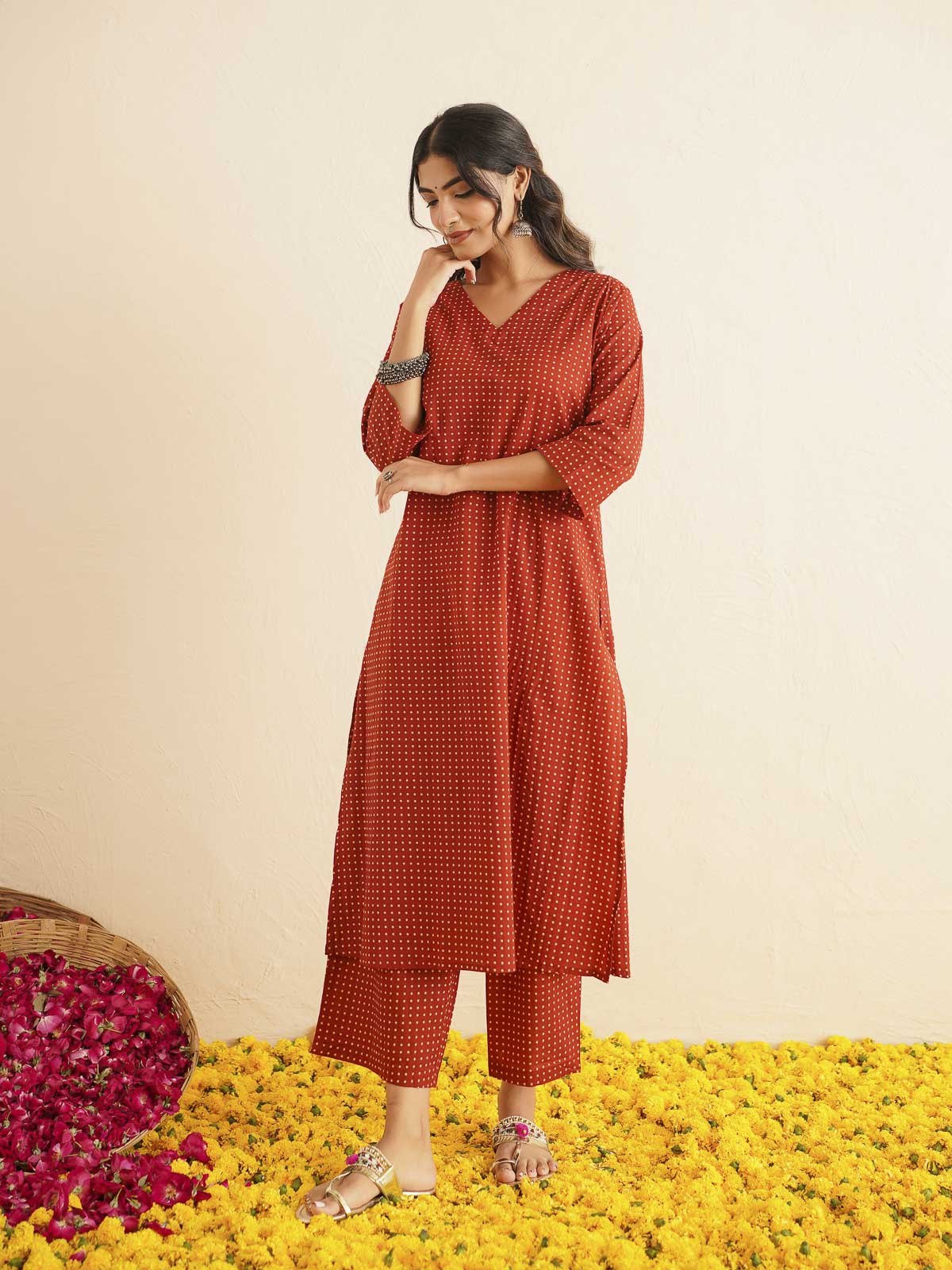 Cotton Printed V-Neck Style Set For Women Red