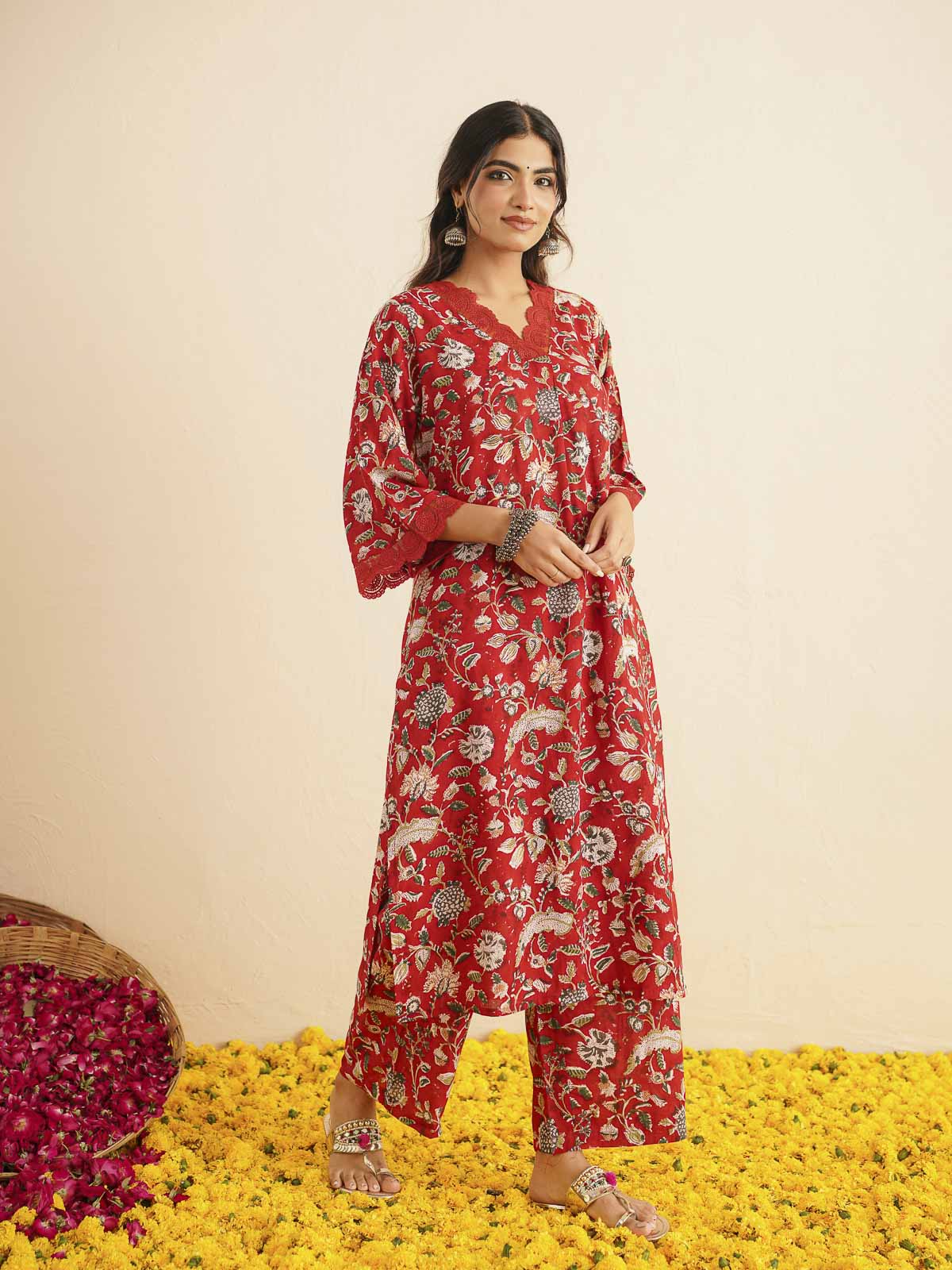Block Printed Cotton Kurta Pant Bagiya Set Red Jaal
