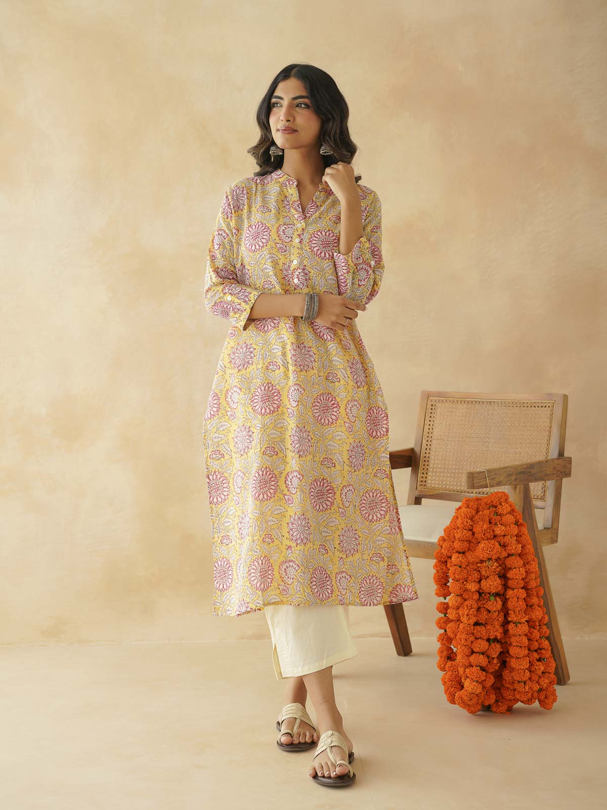 Cotton Printed Collar Neck Long Kurti For Women Yellow