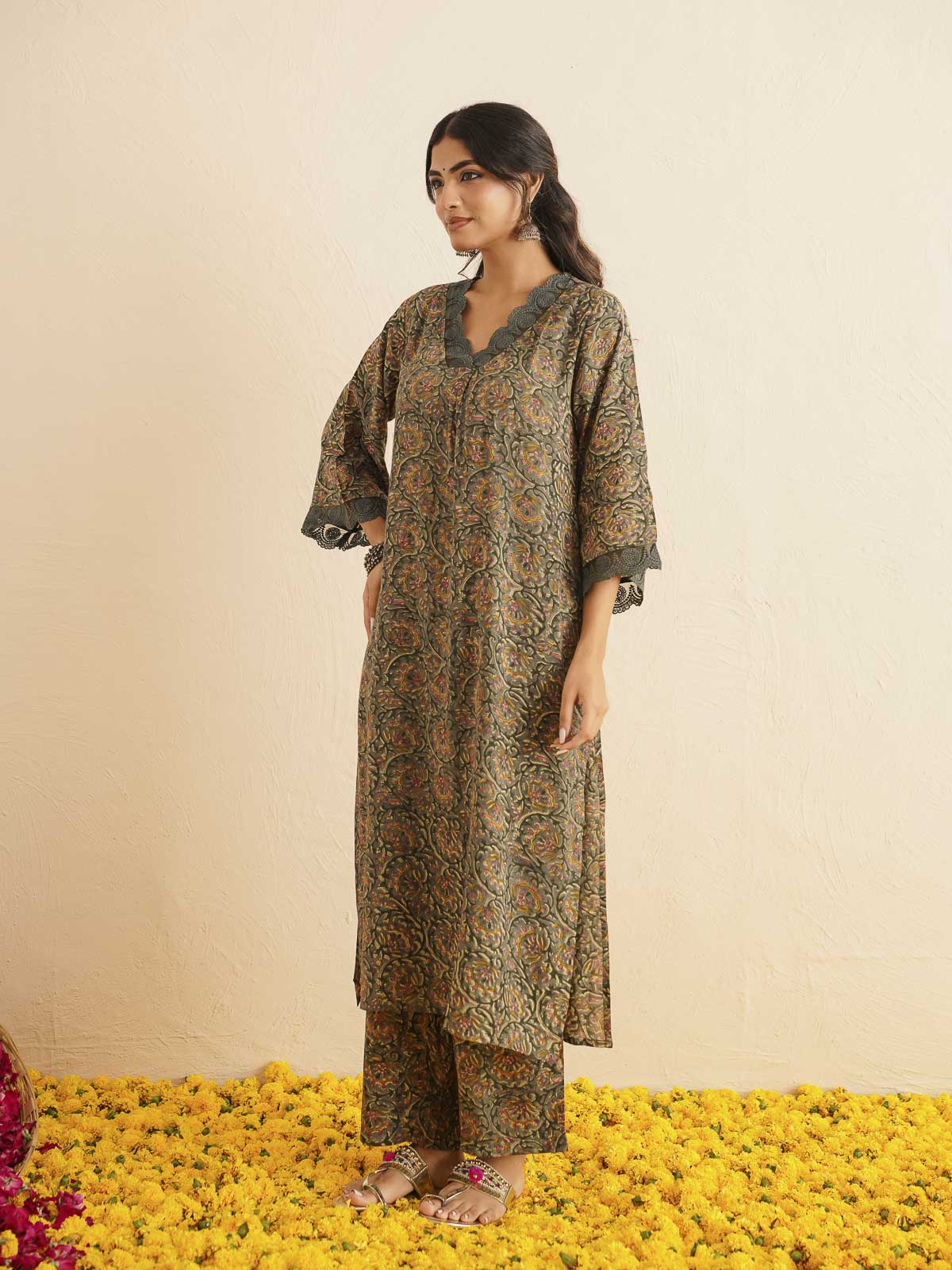 Block Printed Cotton Kurta Pant Bagiya Set Forest Green
