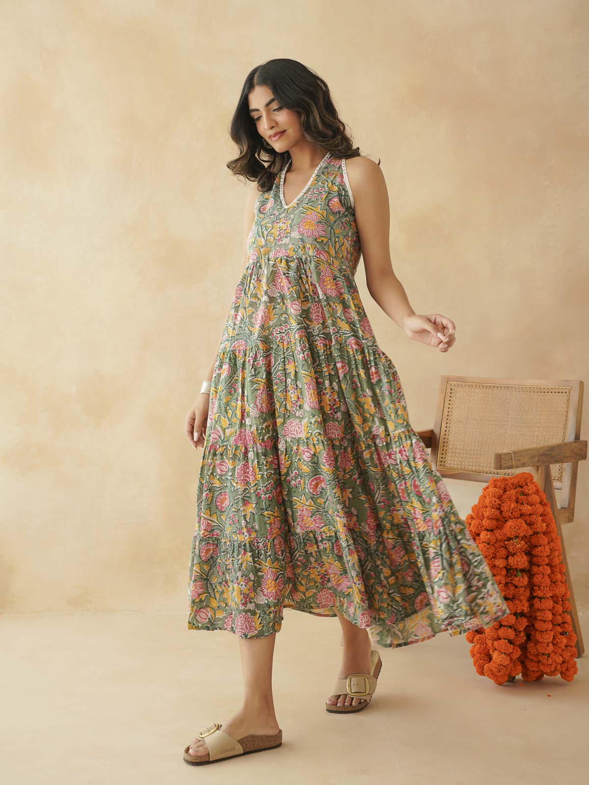 Tiered Halter Neck Dress Green Jaal