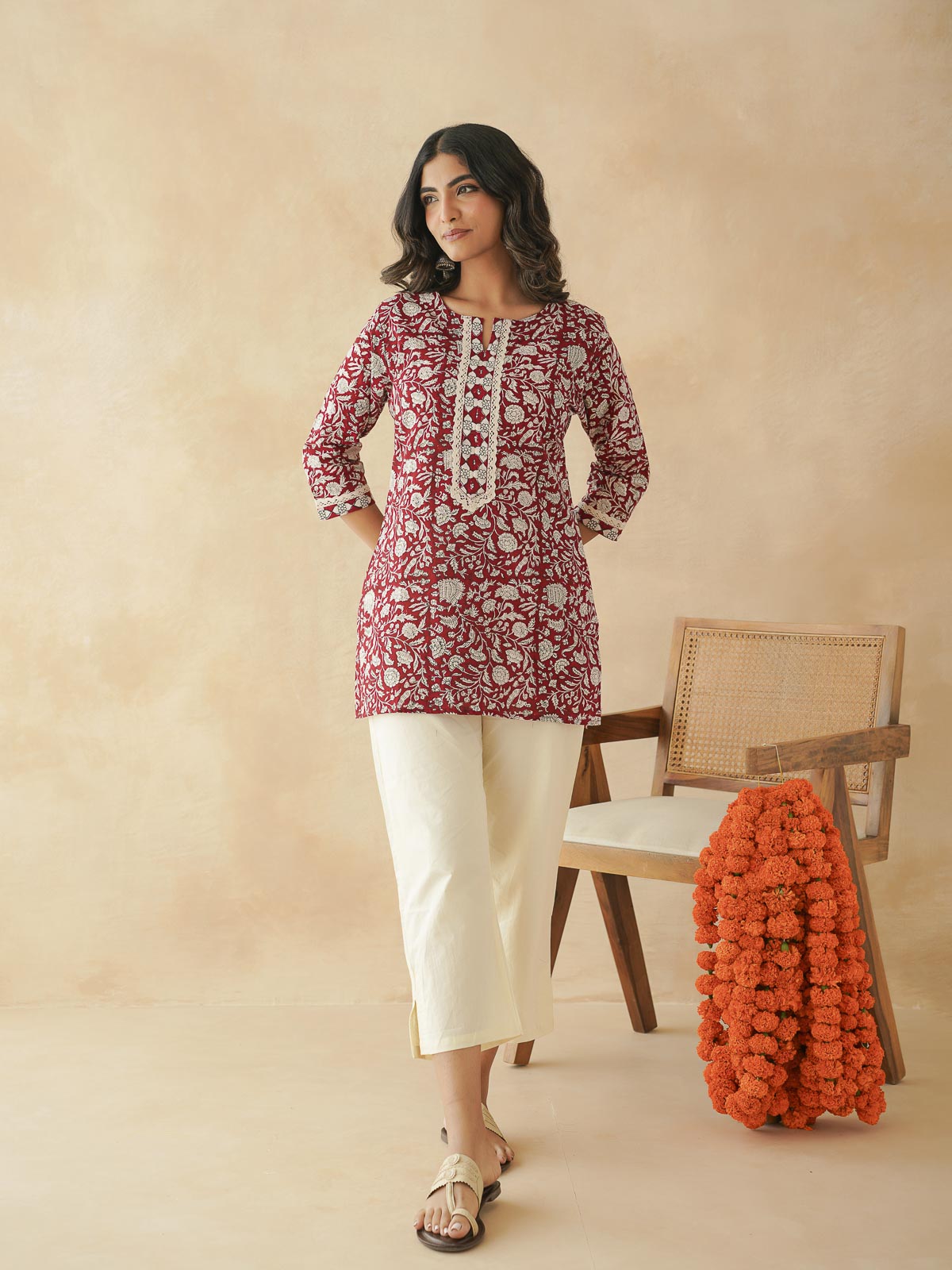Block-Printed Cotton Zoya Kurti Red Jaal