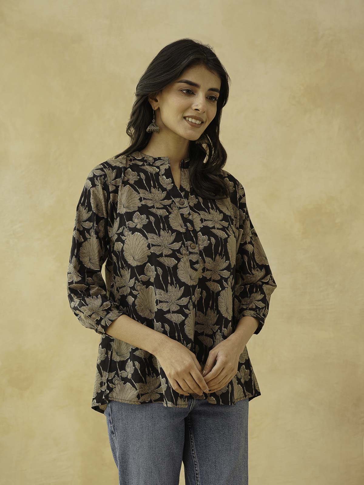 Cotton Printed Everyday Tunic Top For Women Black Grey