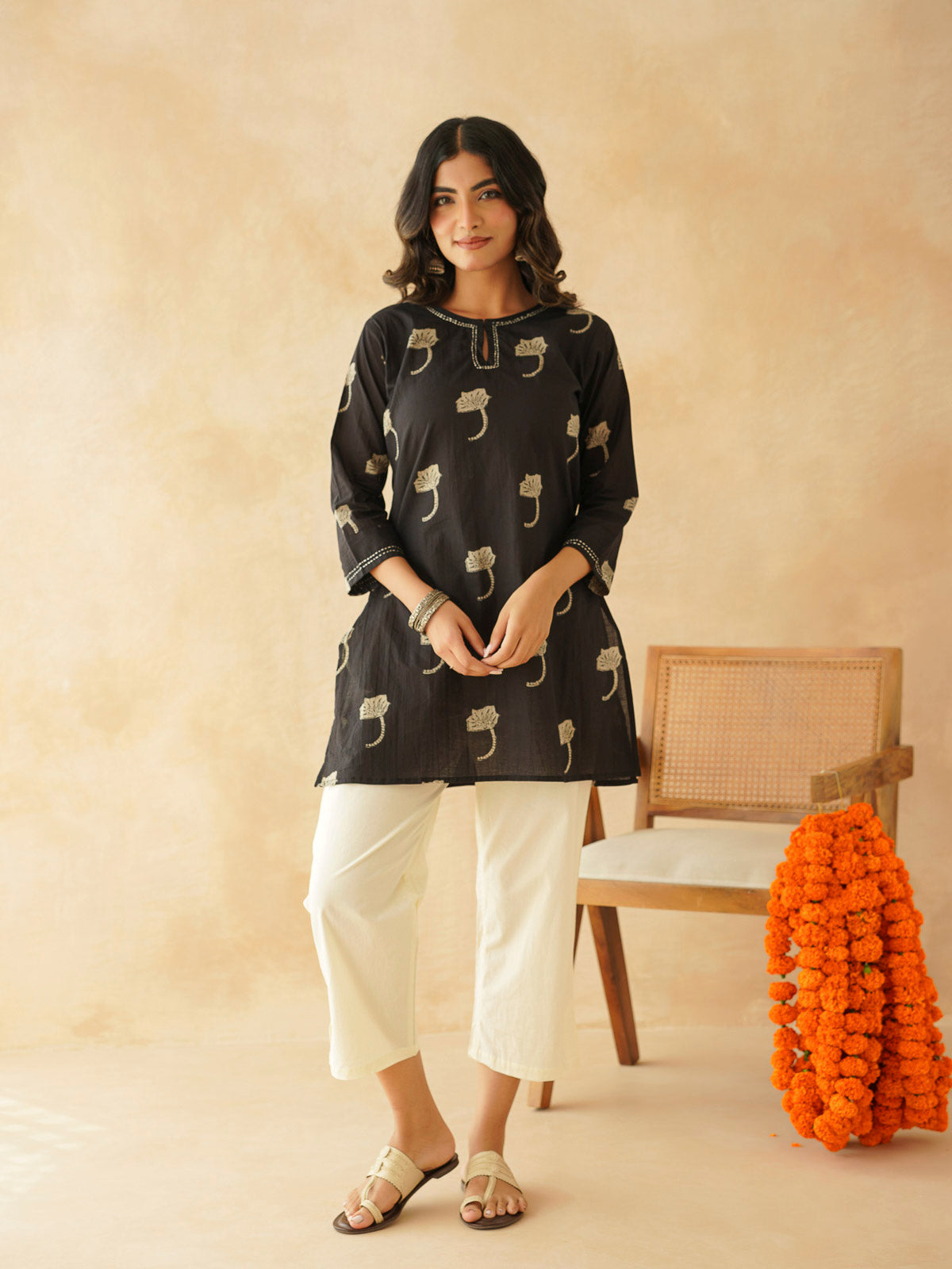Cotton Printed Kantha Kurta Black