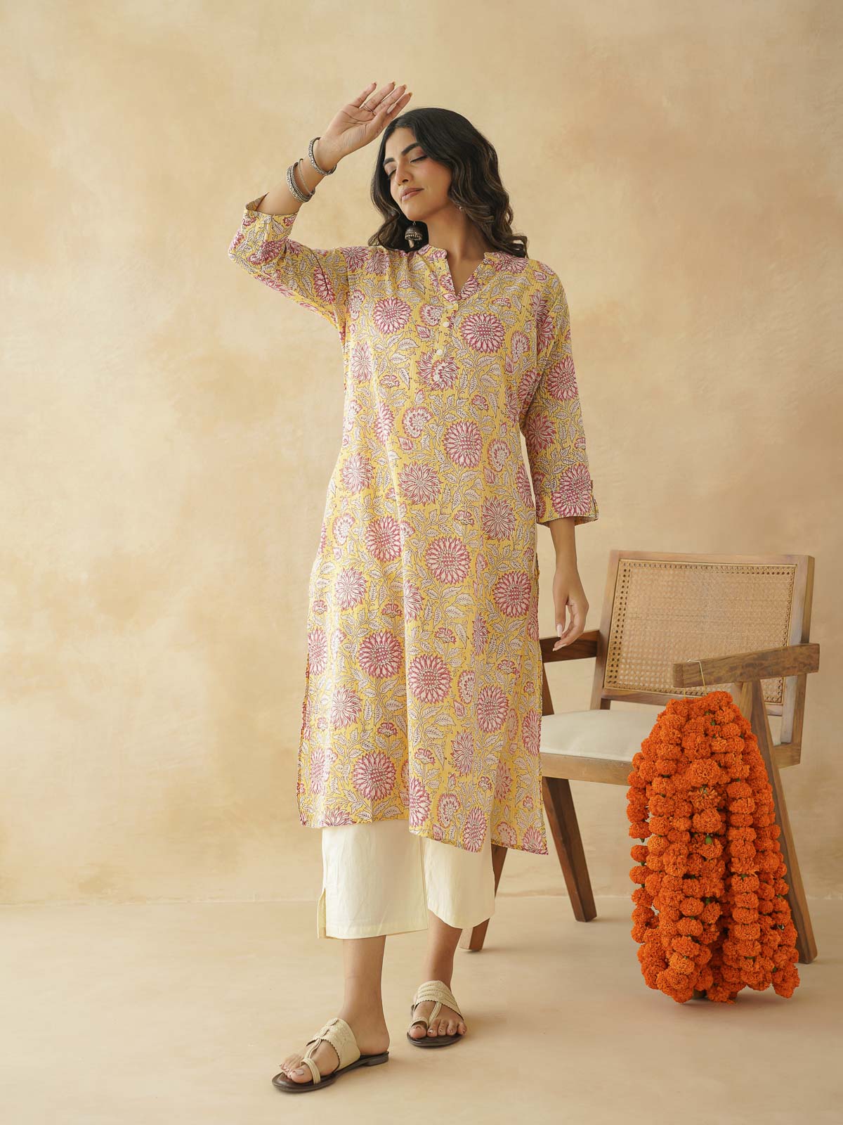 Cotton Printed Collar Neck Long Kurti For Women Yellow