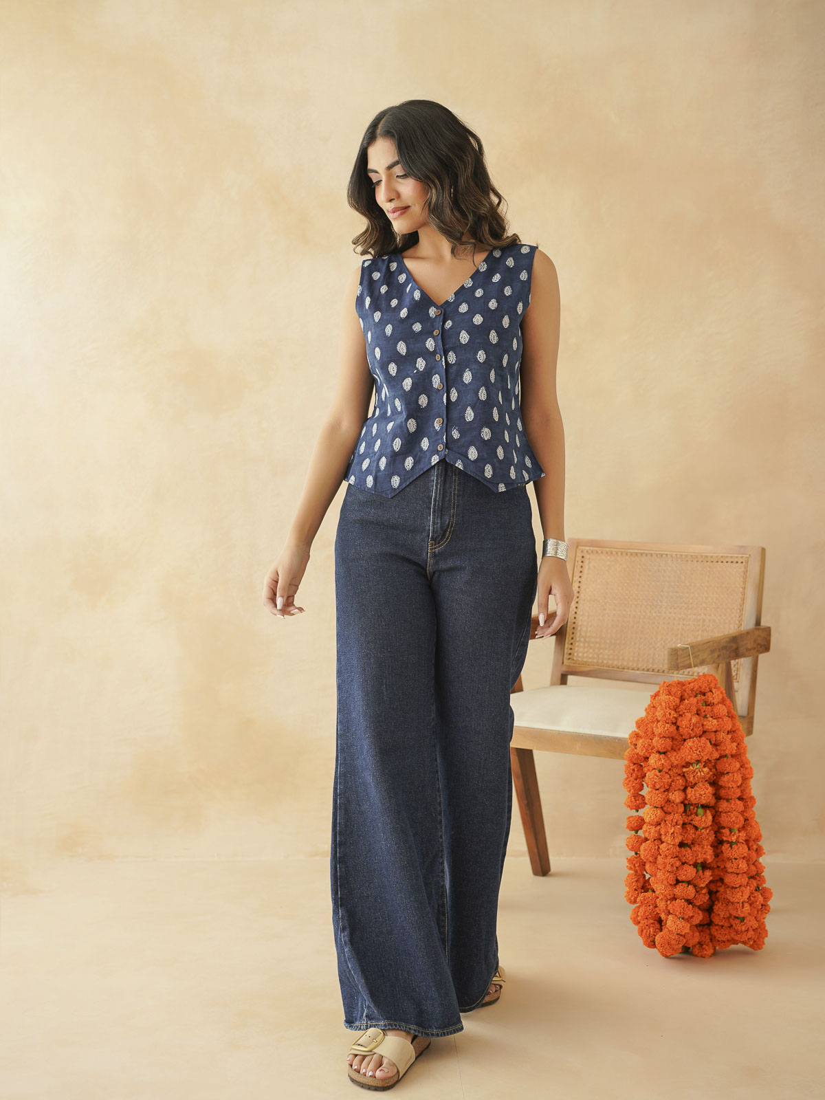 Sleeveless Cotton Block Printed Kothi Top Indigo Booty