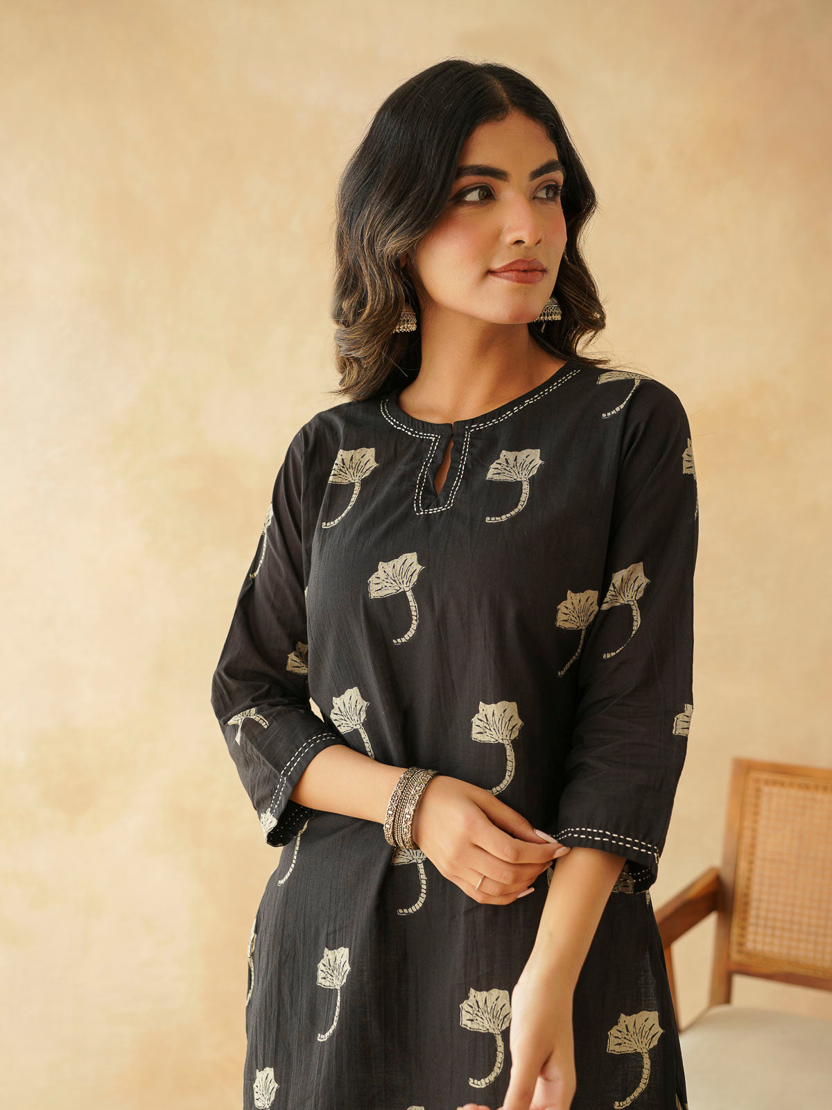 Cotton Printed Kantha Kurta Black