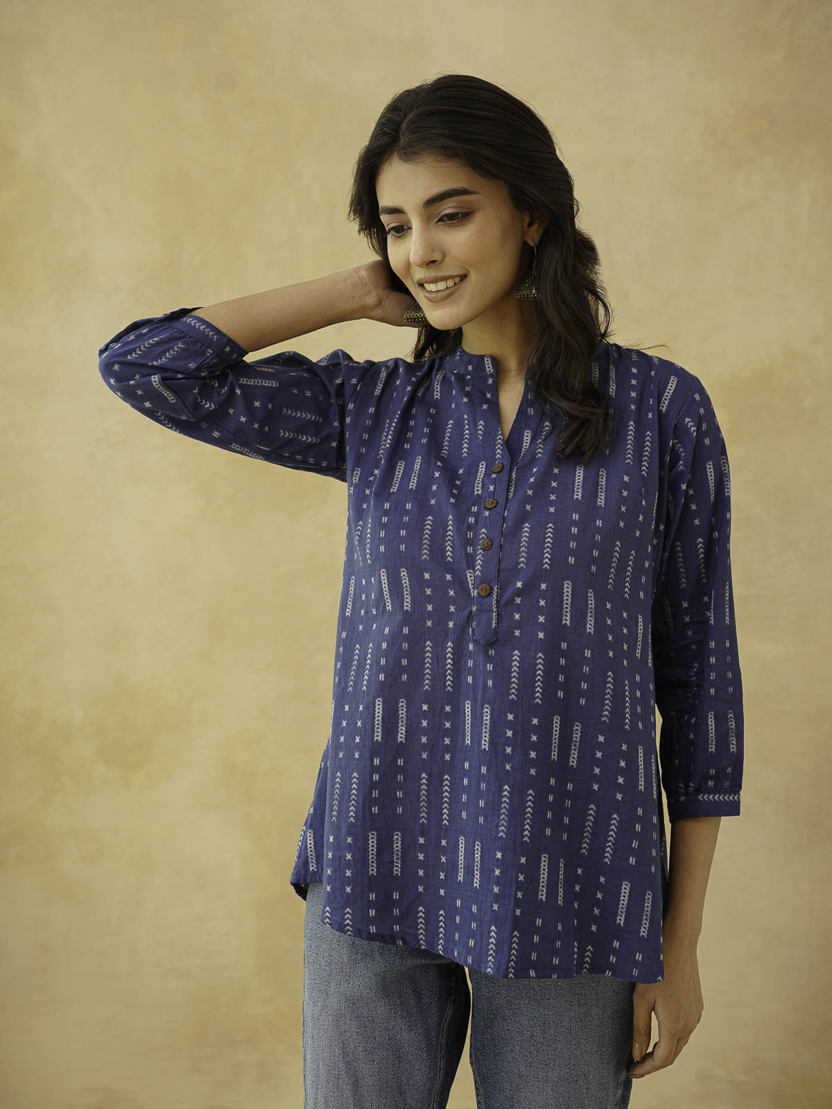 Cotton Printed Everyday Tunic Top For Women Blue Line