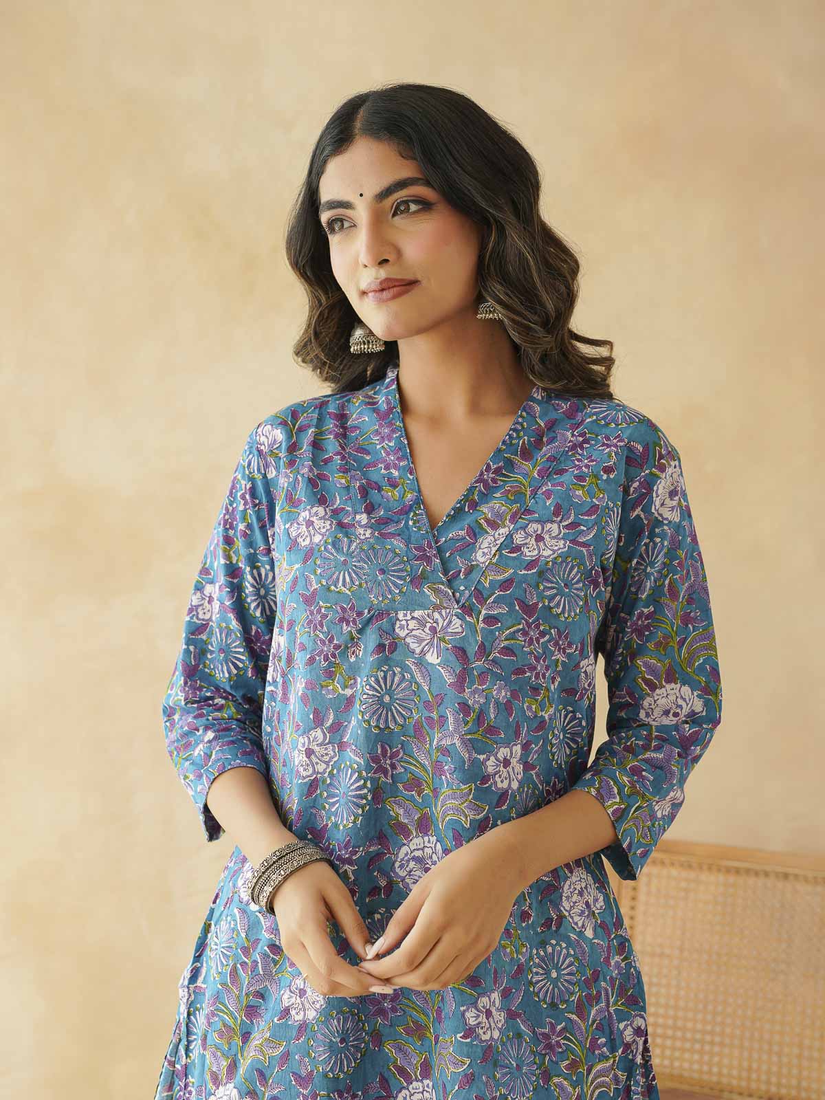 Cotton Printed Straight Kurta Blue Velvet