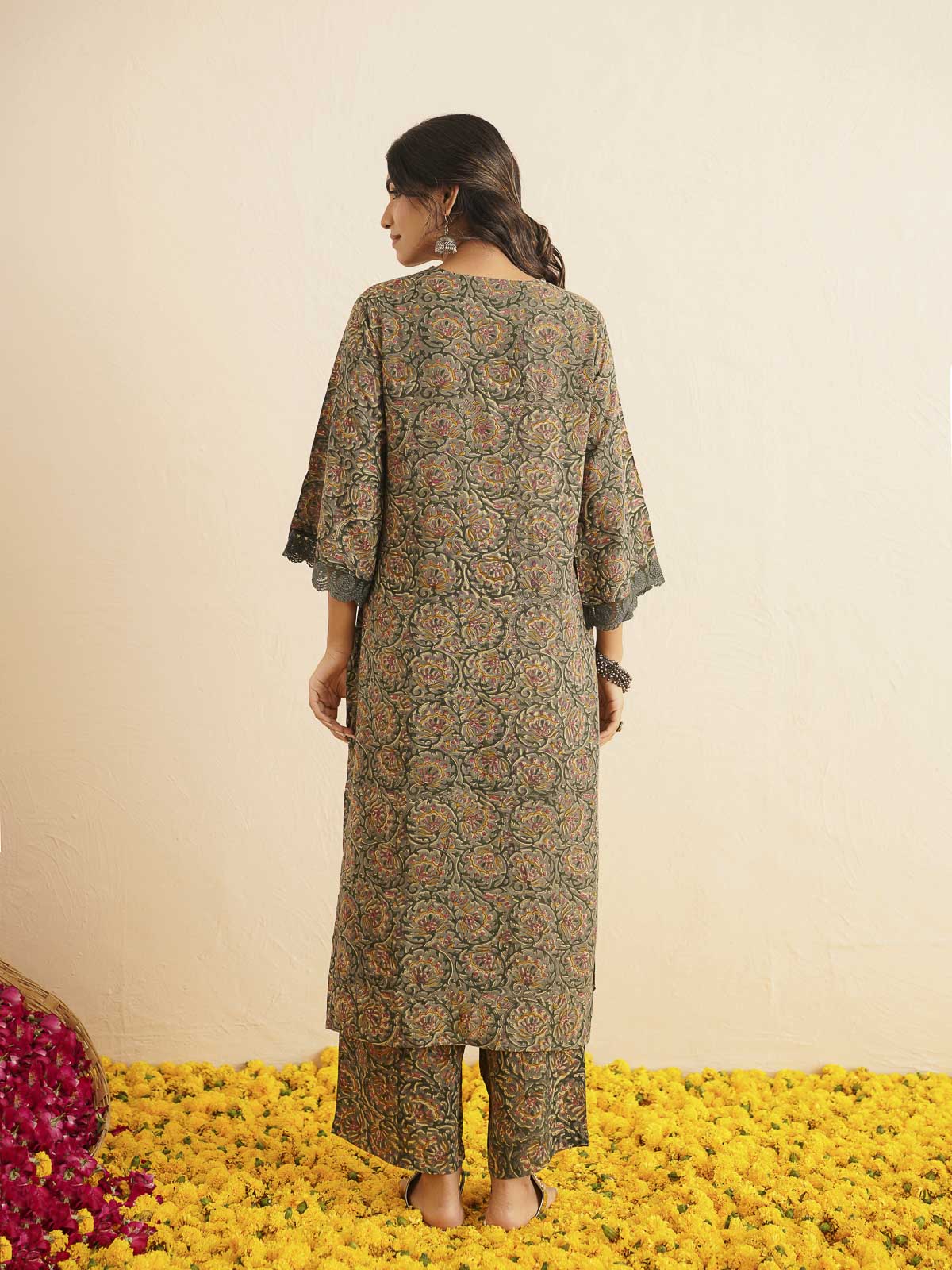 Block Printed Cotton Kurta Pant Bagiya Set Forest Green