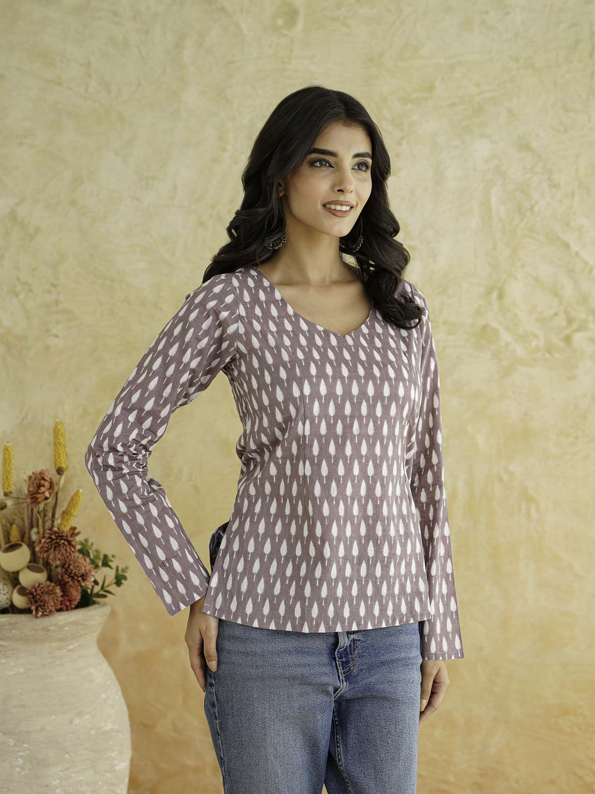 Full Sleeve Cotton Printed Classic Vee Top Purple