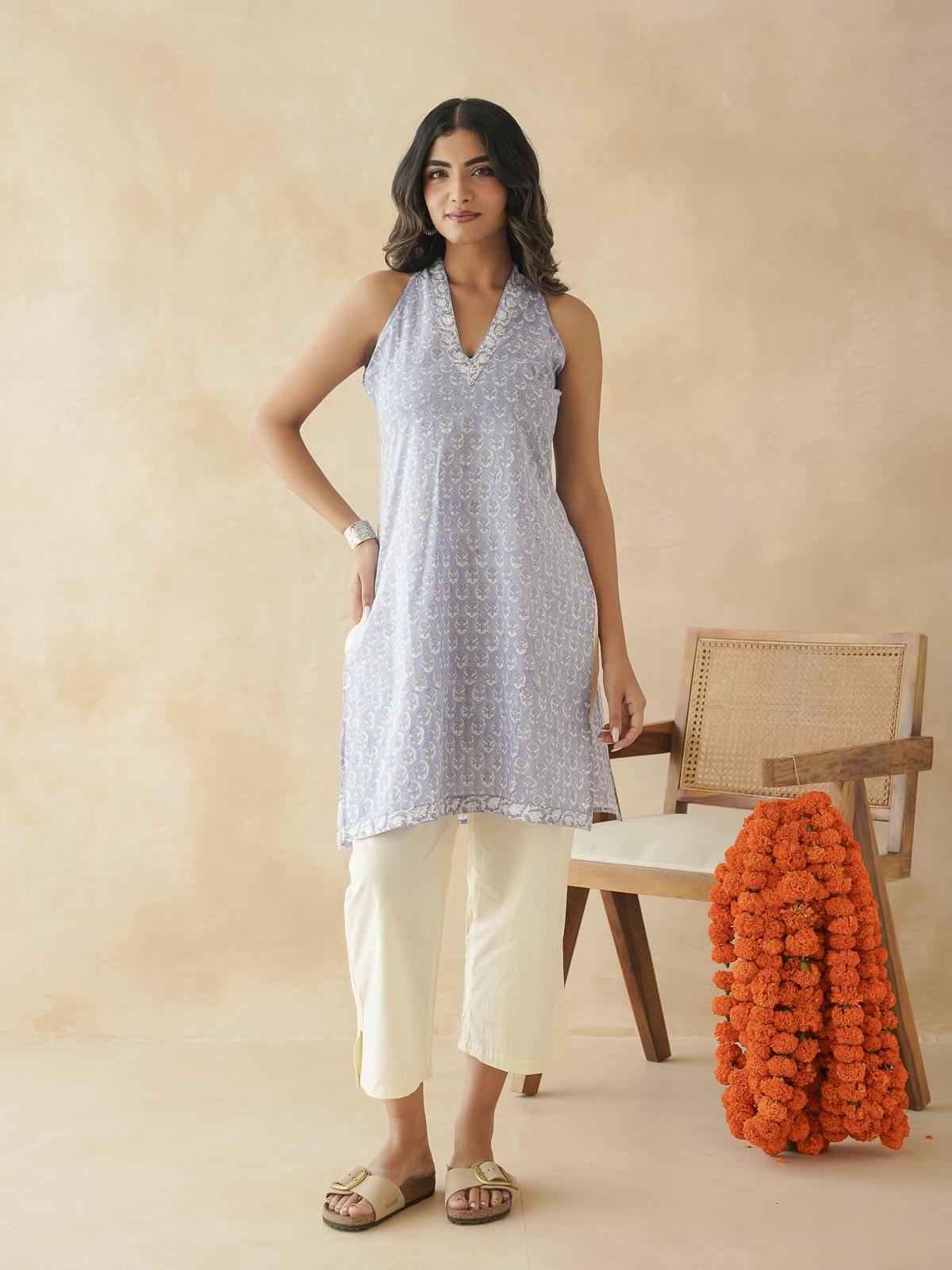 Sleeveless Cotton Halter Neck Kurti Lavander Booty