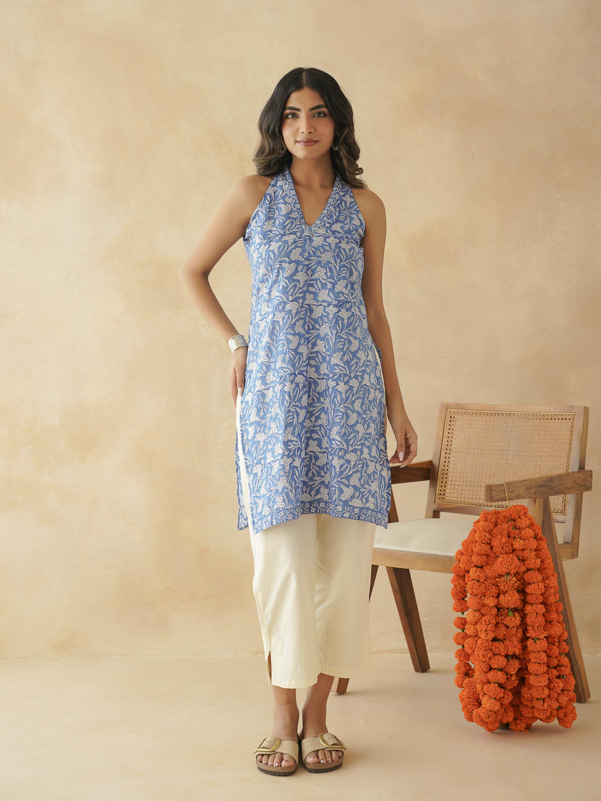 Sleeveless Cotton Halter Neck Kurti Blue