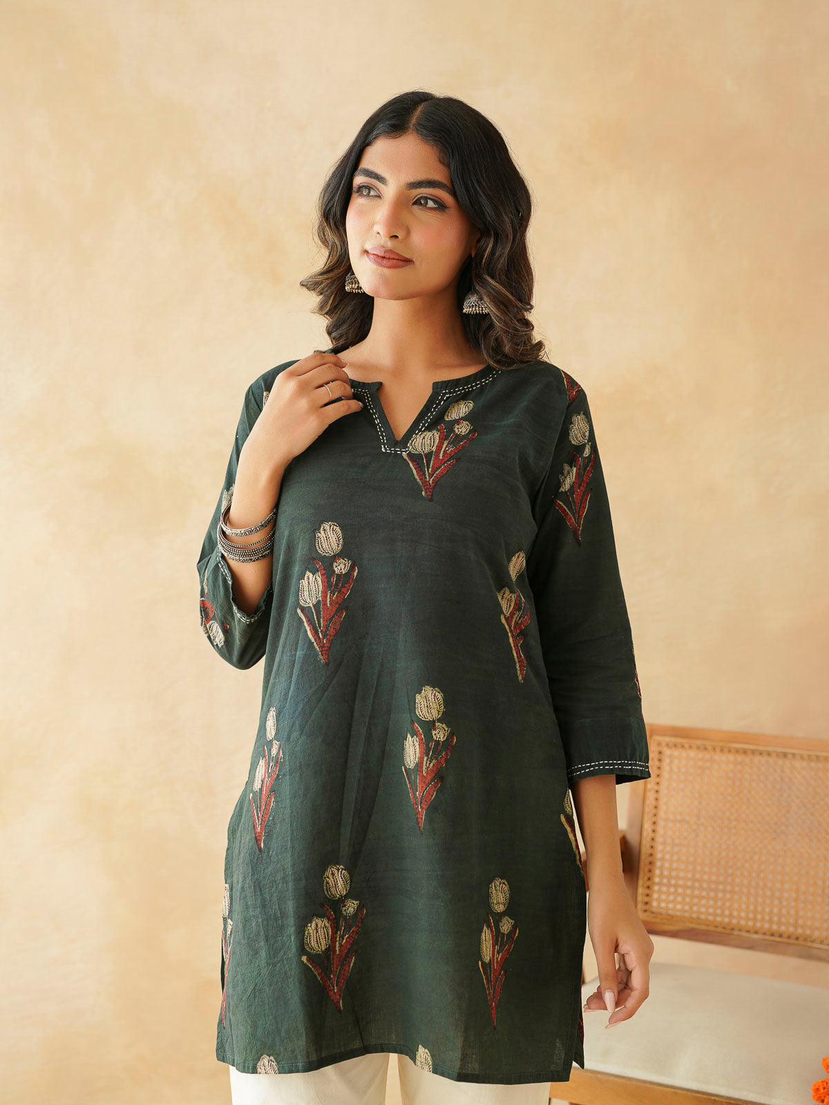 Cotton Printed Kantha Kurta Green