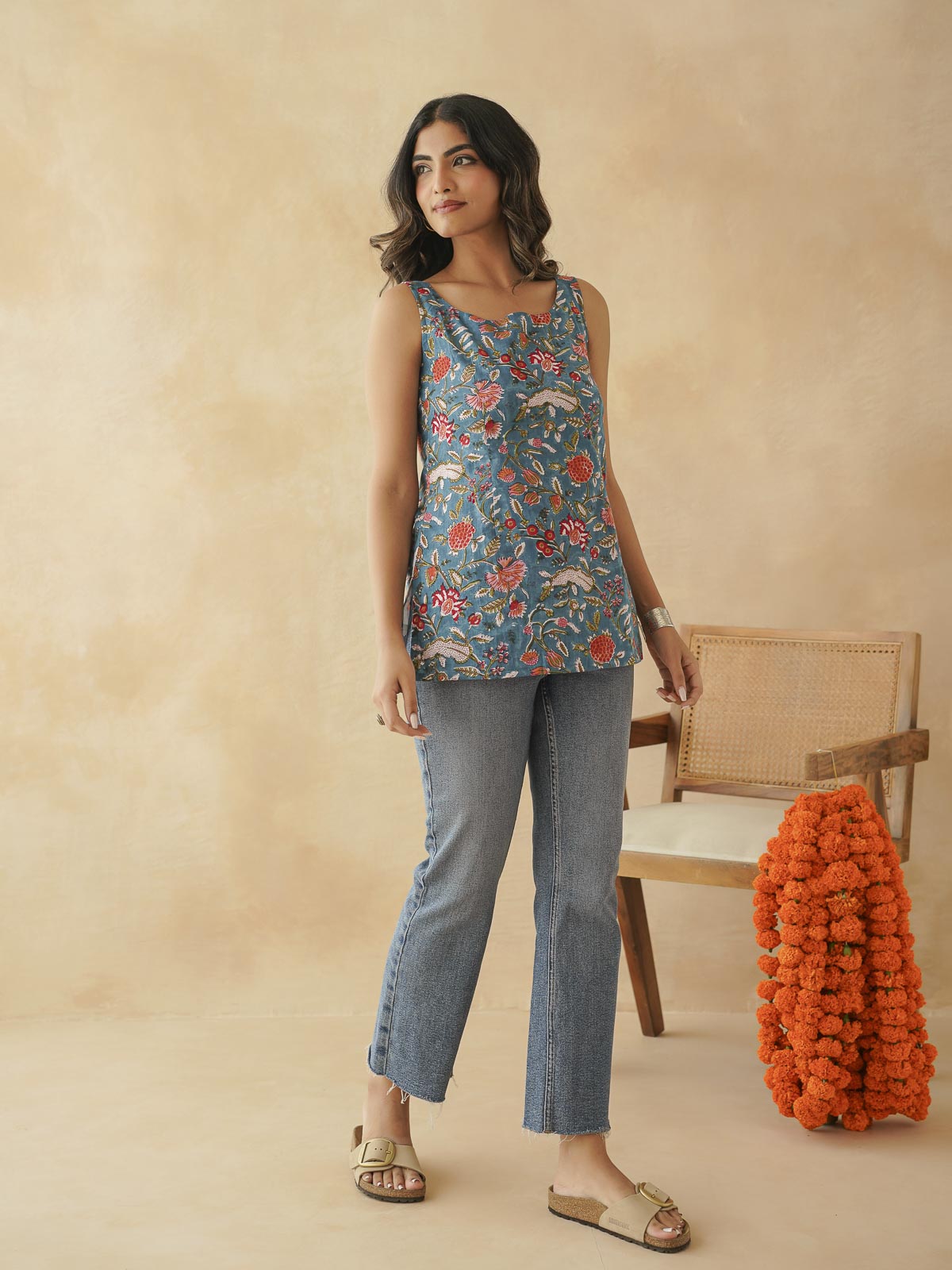 Cotton Printed Stylish Backless Tie-Up Kurti Blue Jaal