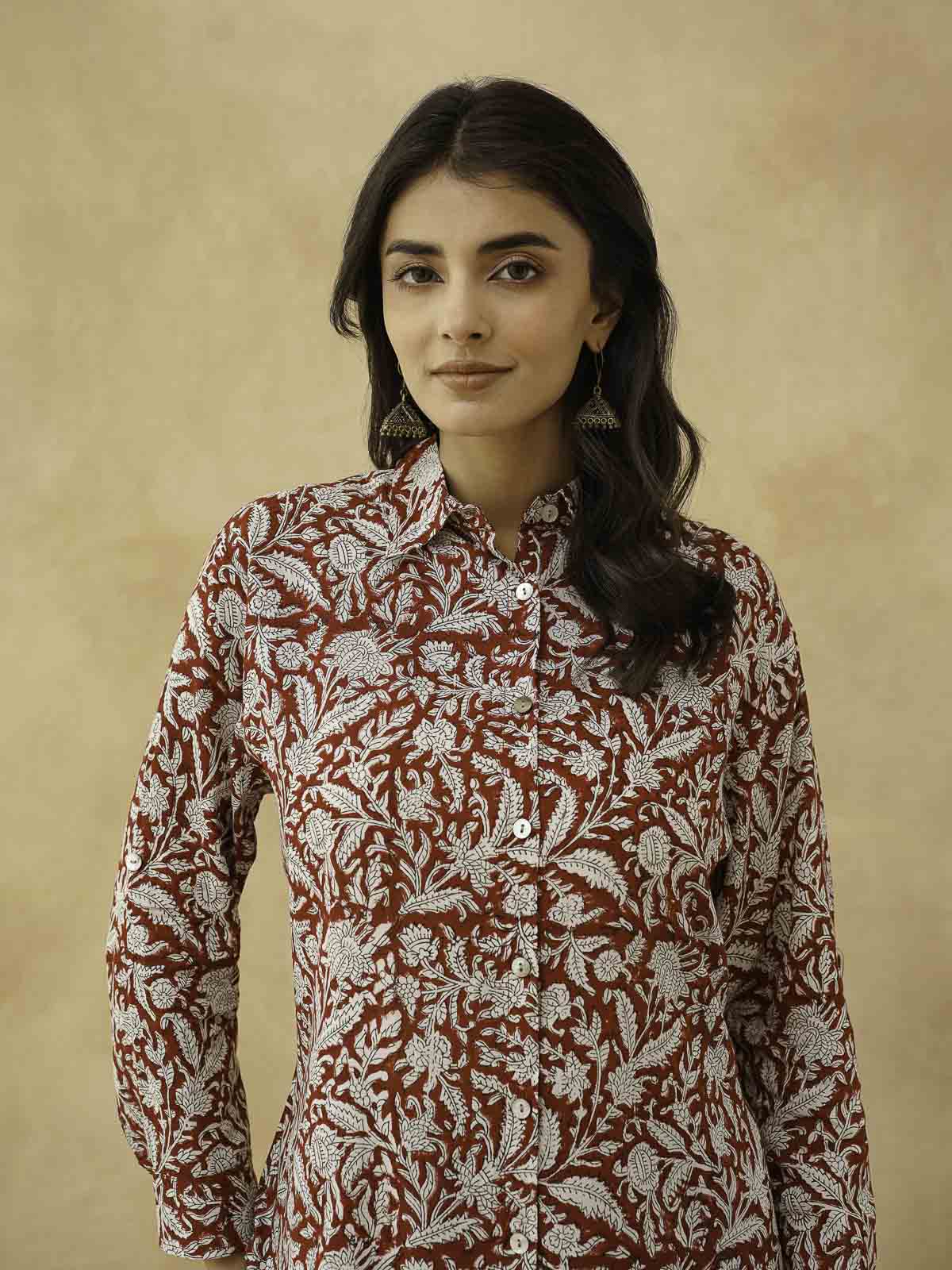 Block Printed Cotton Meher Shirt Red Jaal