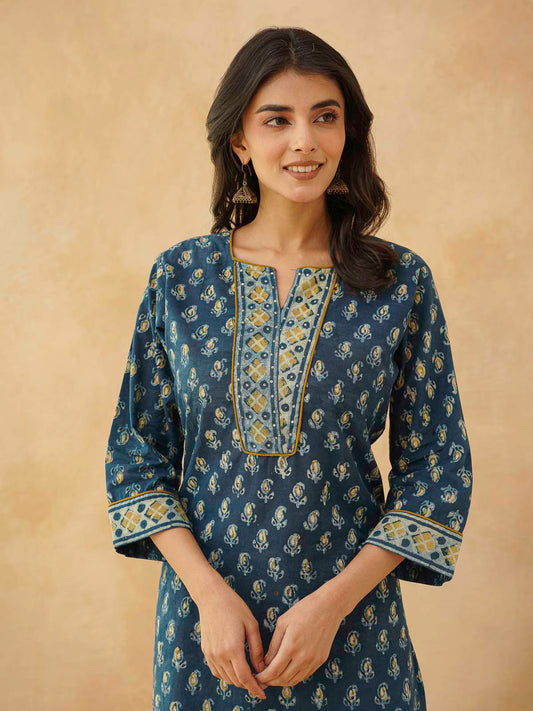 Cotton Printed Sequin Short Kurti For Women Indigo